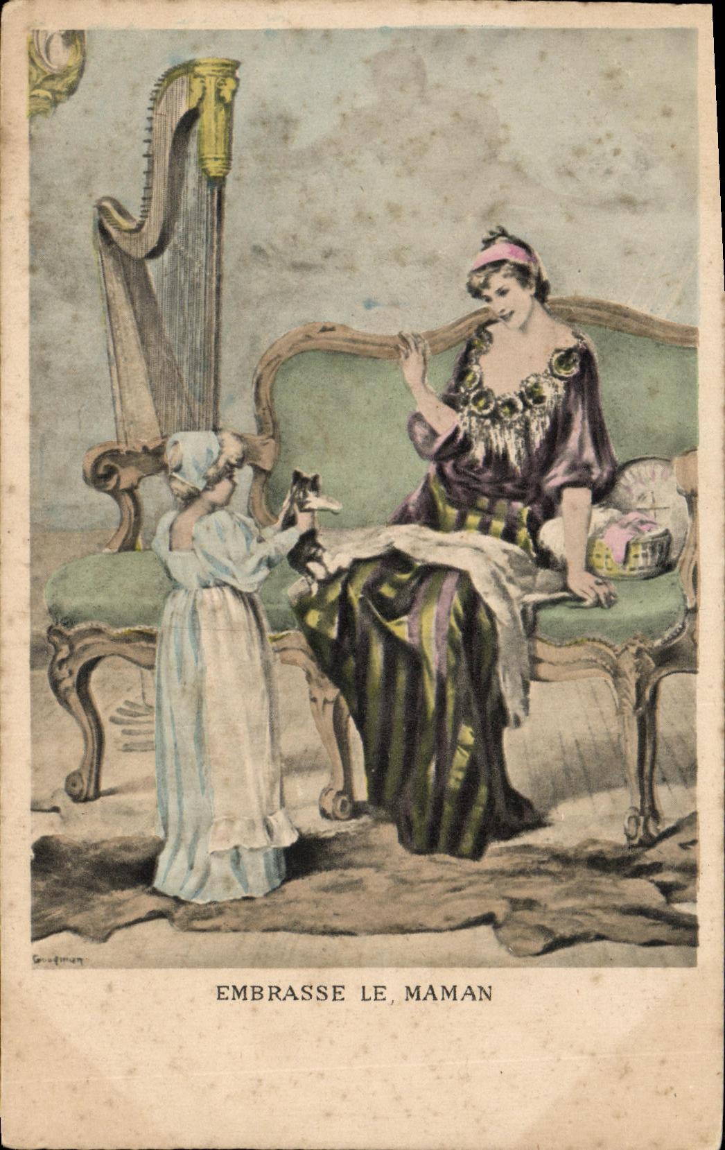 CPA Fantaisie Femme et Enfant Embrasse le maman Chat