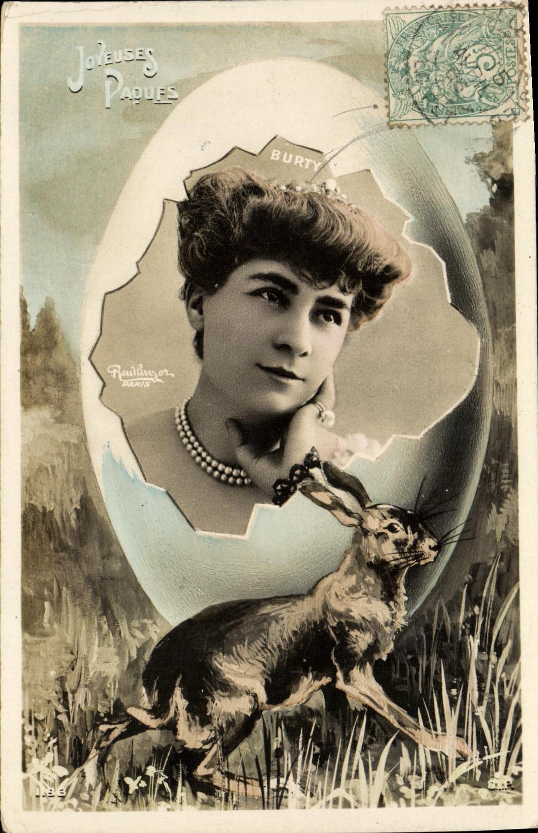 CPA Fantaisie Femme Joyeuses Paques lapin