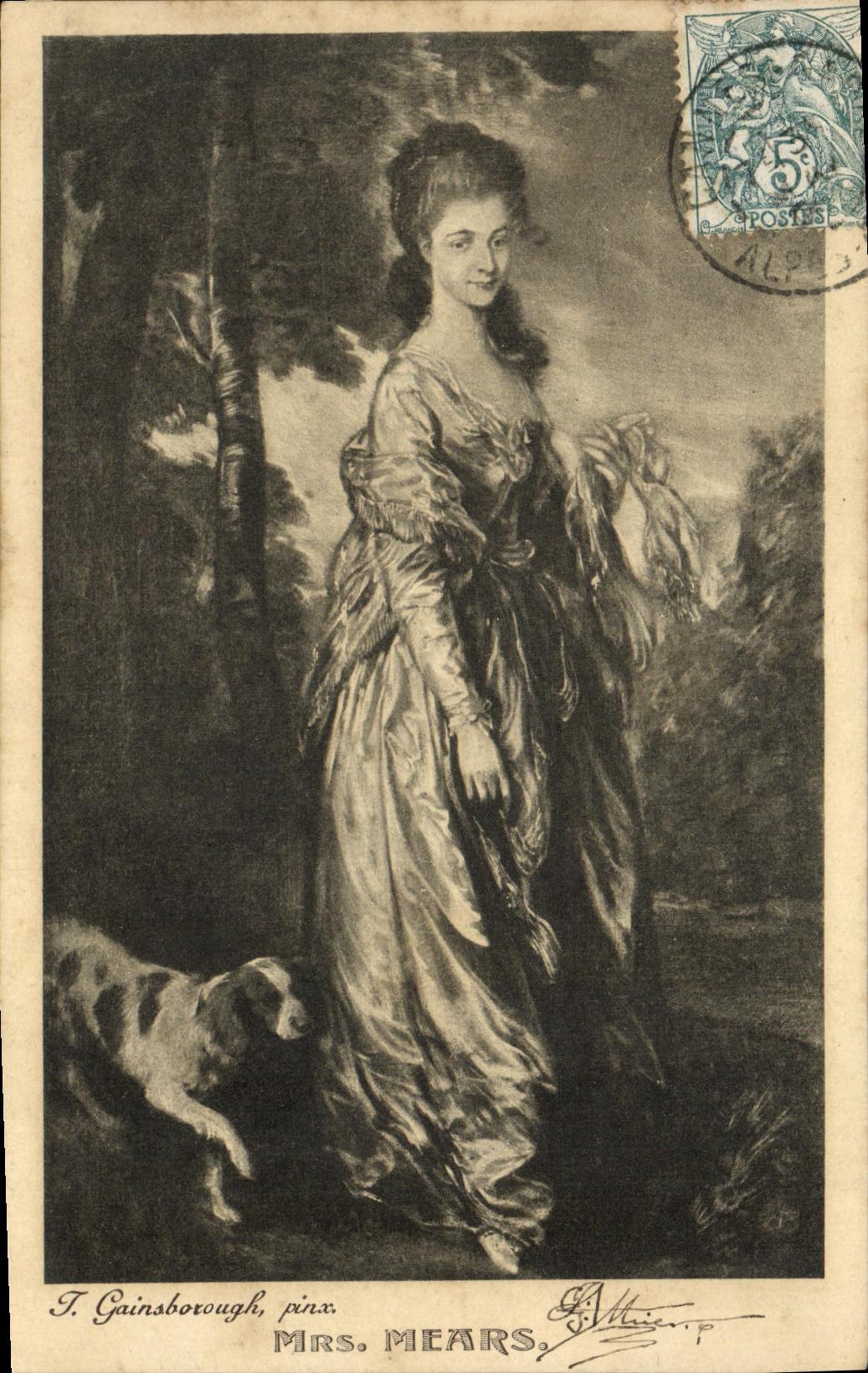CPA Fantaisie Femme Gainsborough Mrs Mears Chien
