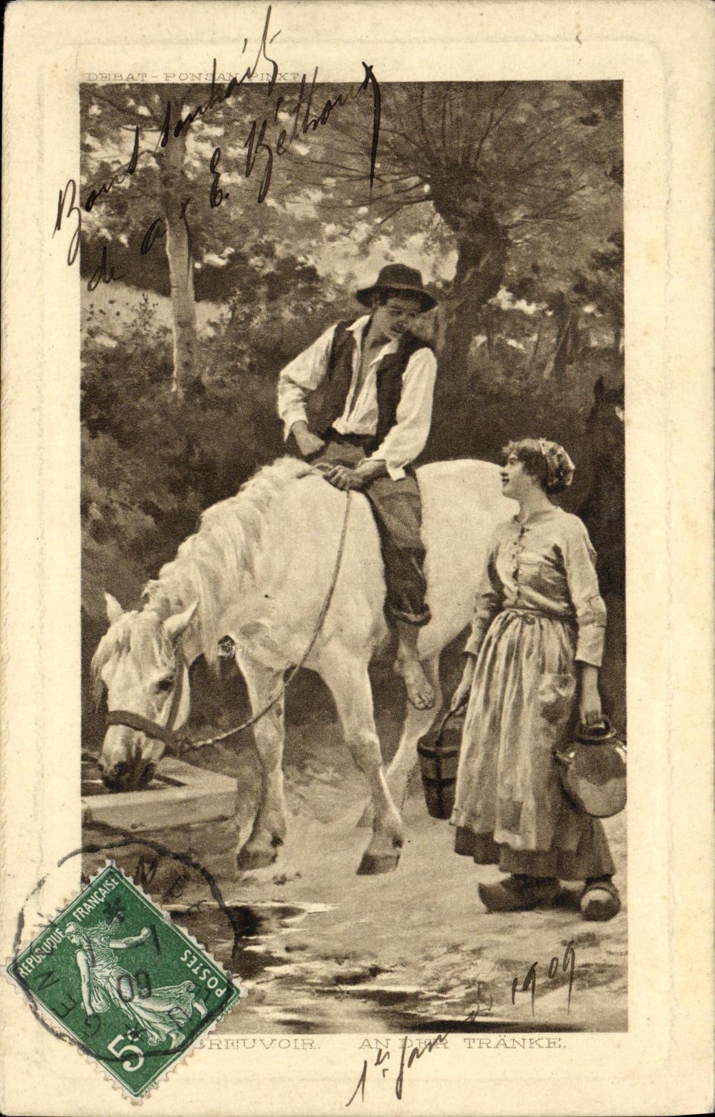 CPA Fantaisie Femme L abreuvoir Cheval