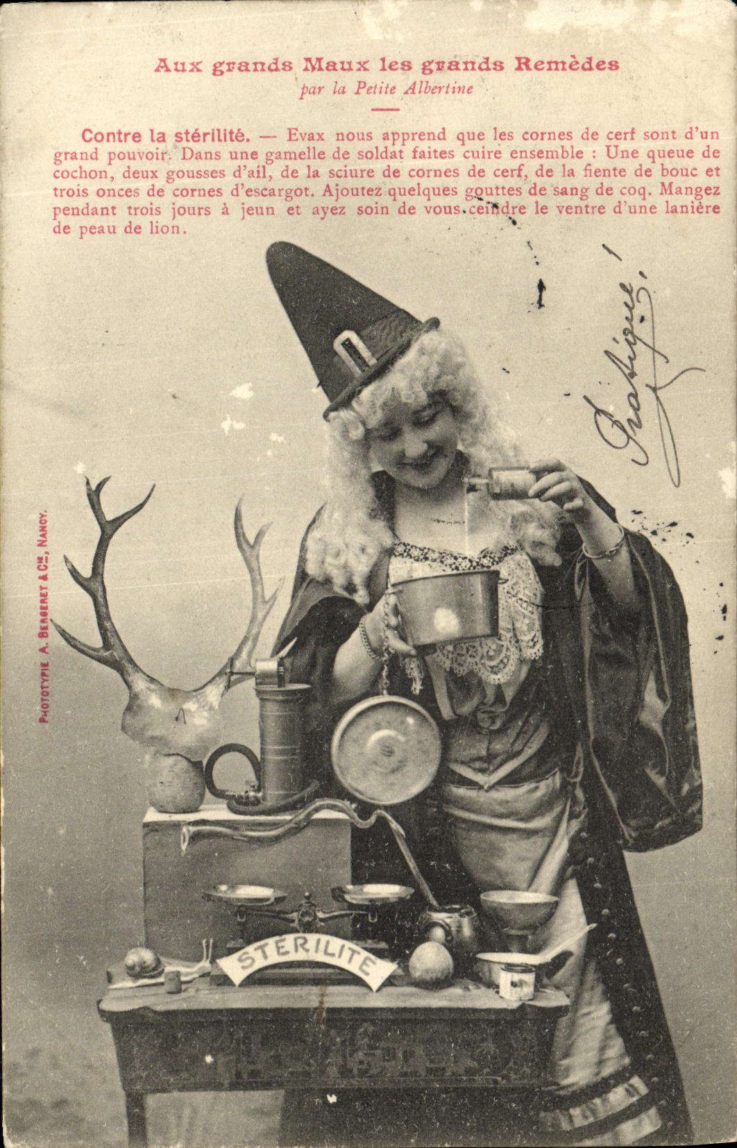 CPA Fantaisie Femme Aux grands maux les grands remedes par la petite Albertine Contre la sterilite