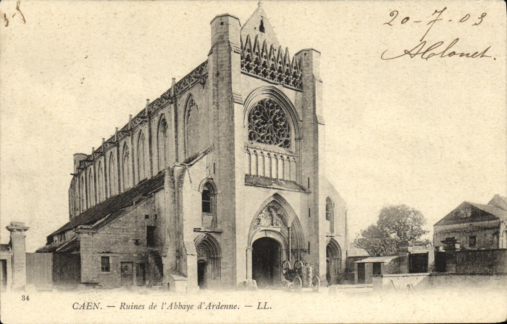 VINTAGE POSTCARD Caen Ruins of L Abbey D Ardenne in front of large interesting machine