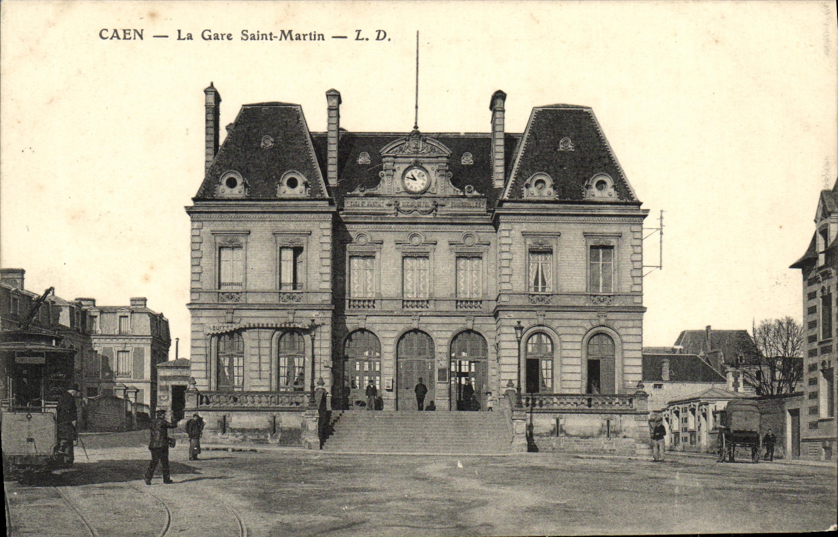 VINTAGE POSTCARD Caen Train station Holy Martin Tram