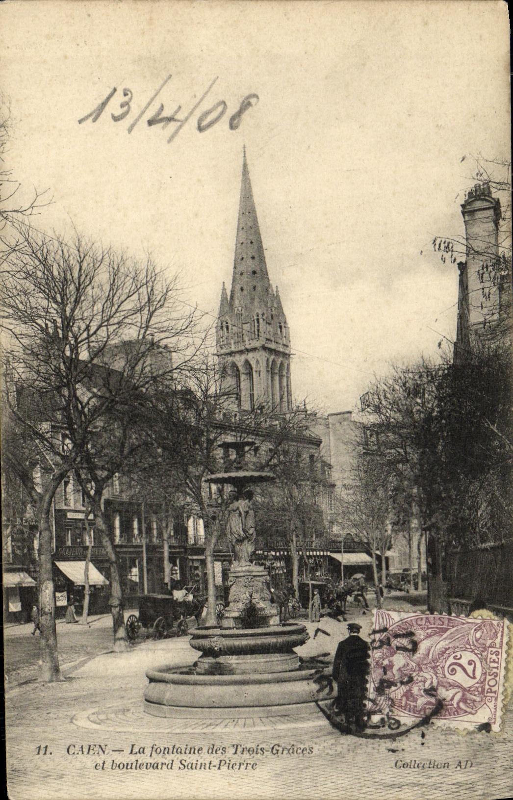 VINTAGE POSTCARD Caen the Fountain of the Three Graces and boulevard St Pierre