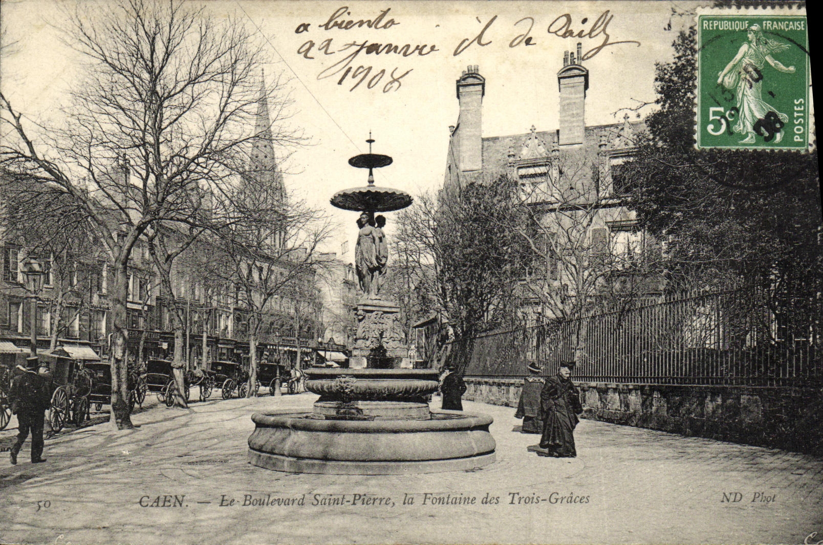 VINTAGE POSTCARD Caen the Boulevard Saint Pierre the Fountain of the Three Graces