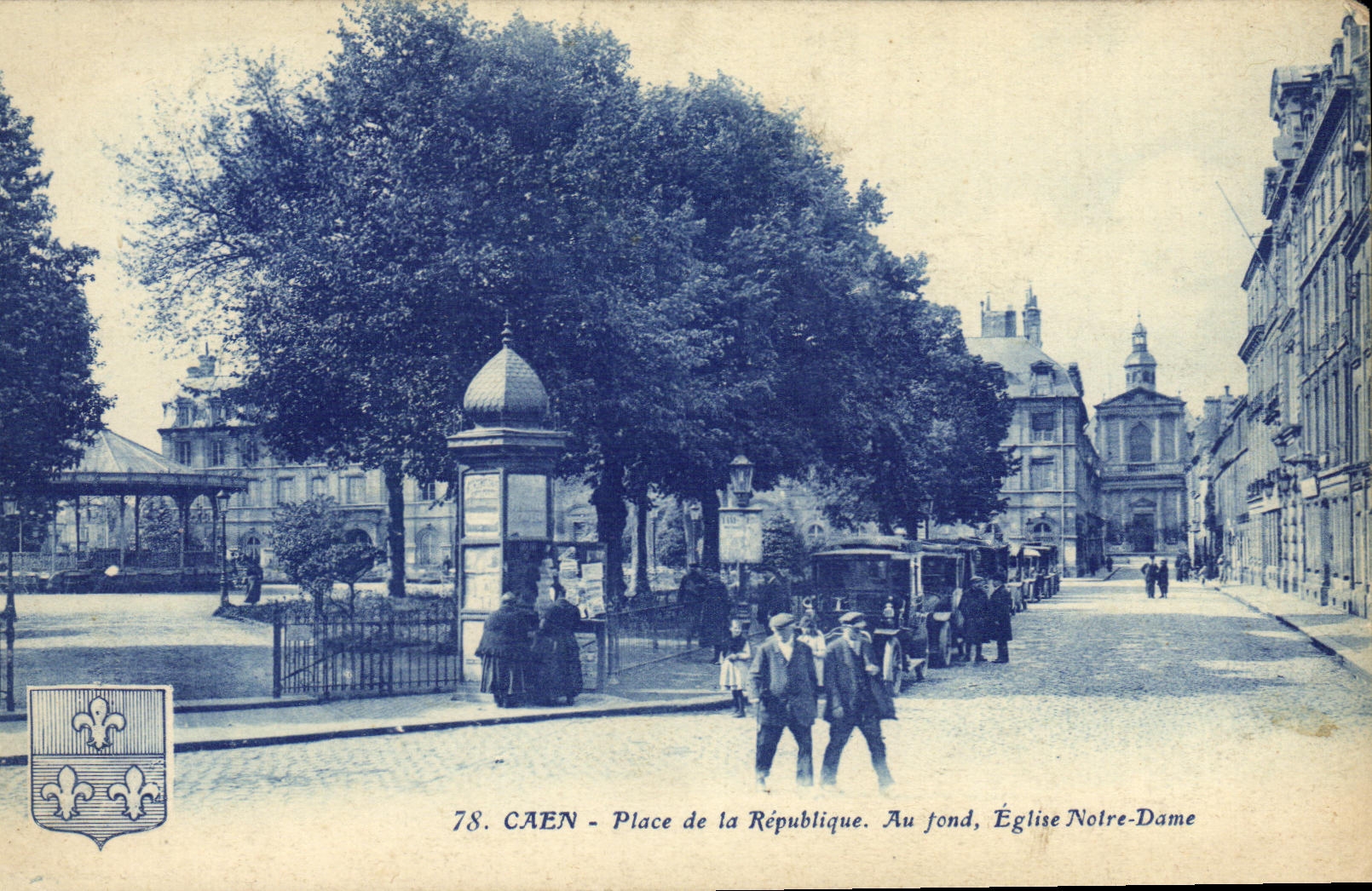 VINTAGE POSTCARD Caen the Place of the Republic At the Bottom Church Notre Dame Taxis