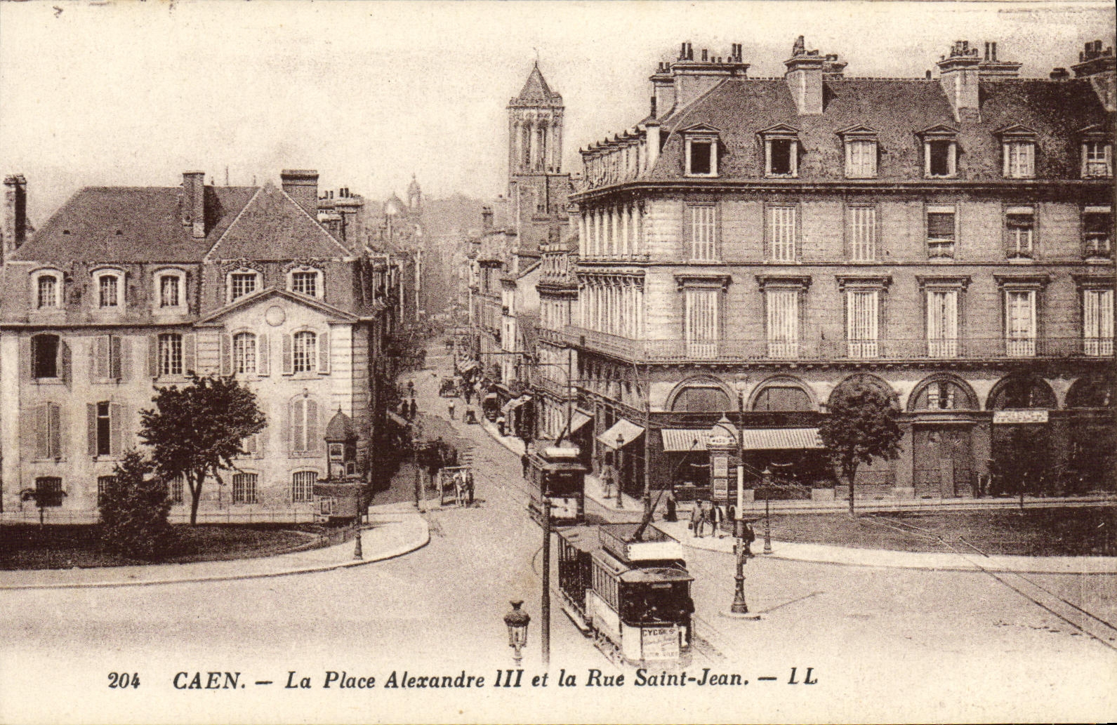 VINTAGE POSTCARD Caen Places Alexandre III and the Street Saint Jean Tramway