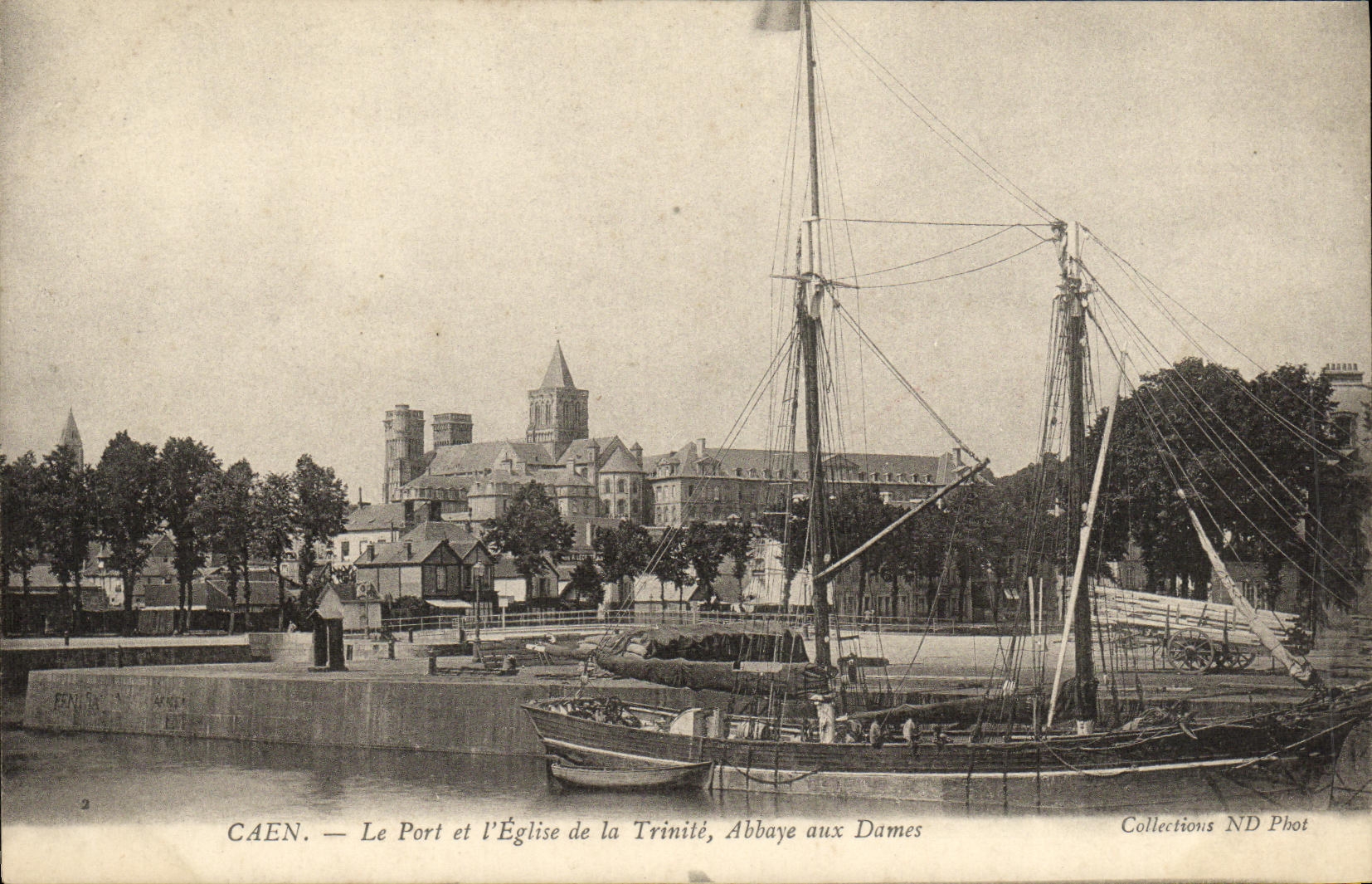 VINTAGE POSTCARD Caen the Port and L church of the Trinity Abbey to the Ladies Sailing Boat