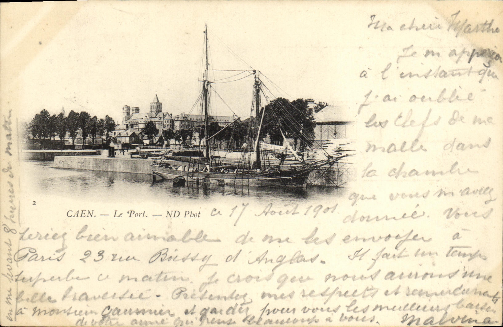 VINTAGE POSTCARD Caen the Port Sailing Boat