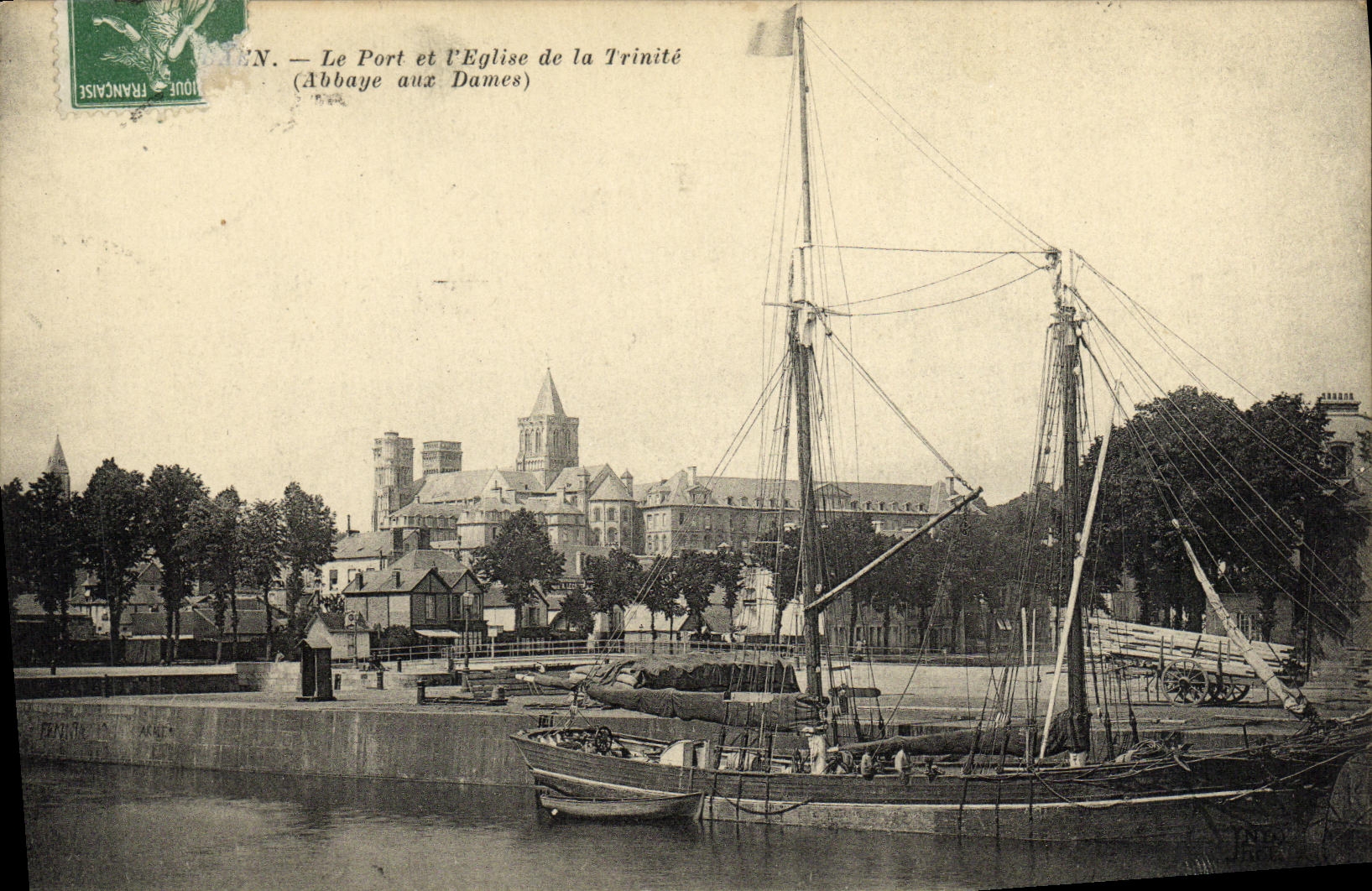VINTAGE POSTCARD Caen the Port and L Church of the Trinity Sailing Boat