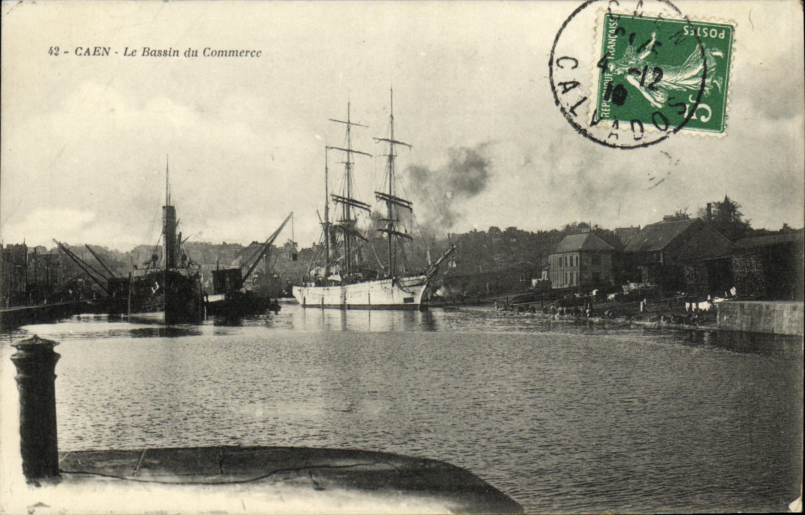 VINTAGE POSTCARD Caen the Basin the Commercial Sailing Boat