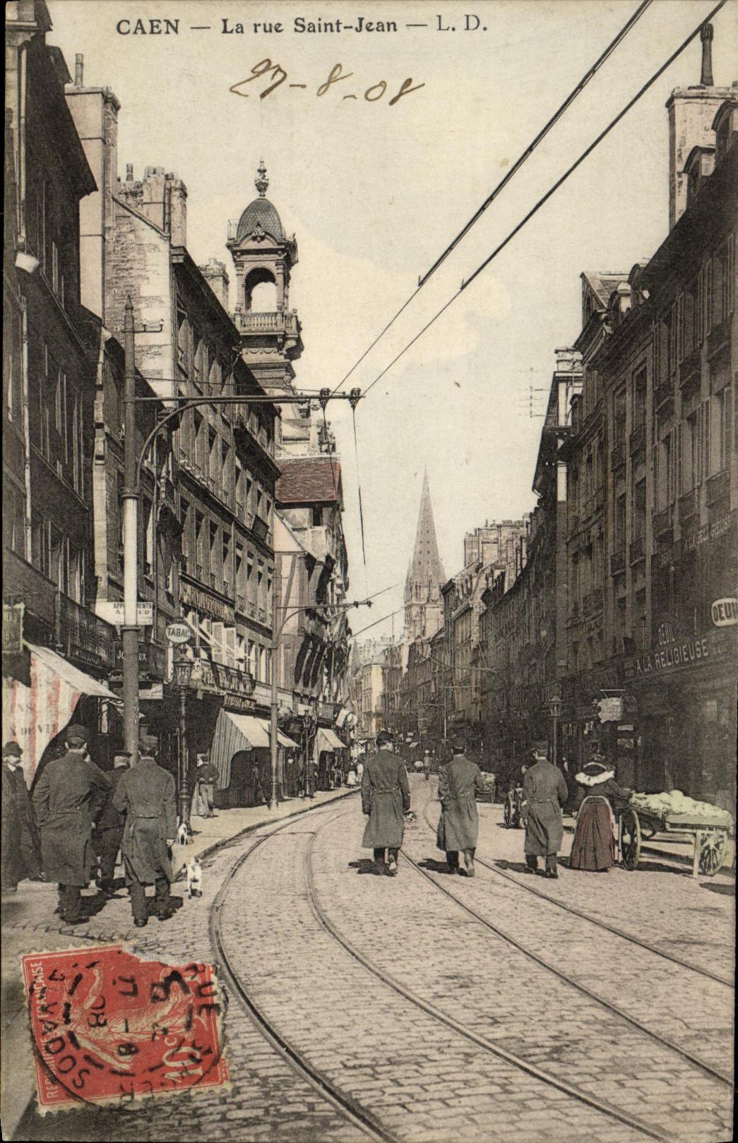 VINTAGE POSTCARD Caen the Street Holy Jean Militaria Soldiers