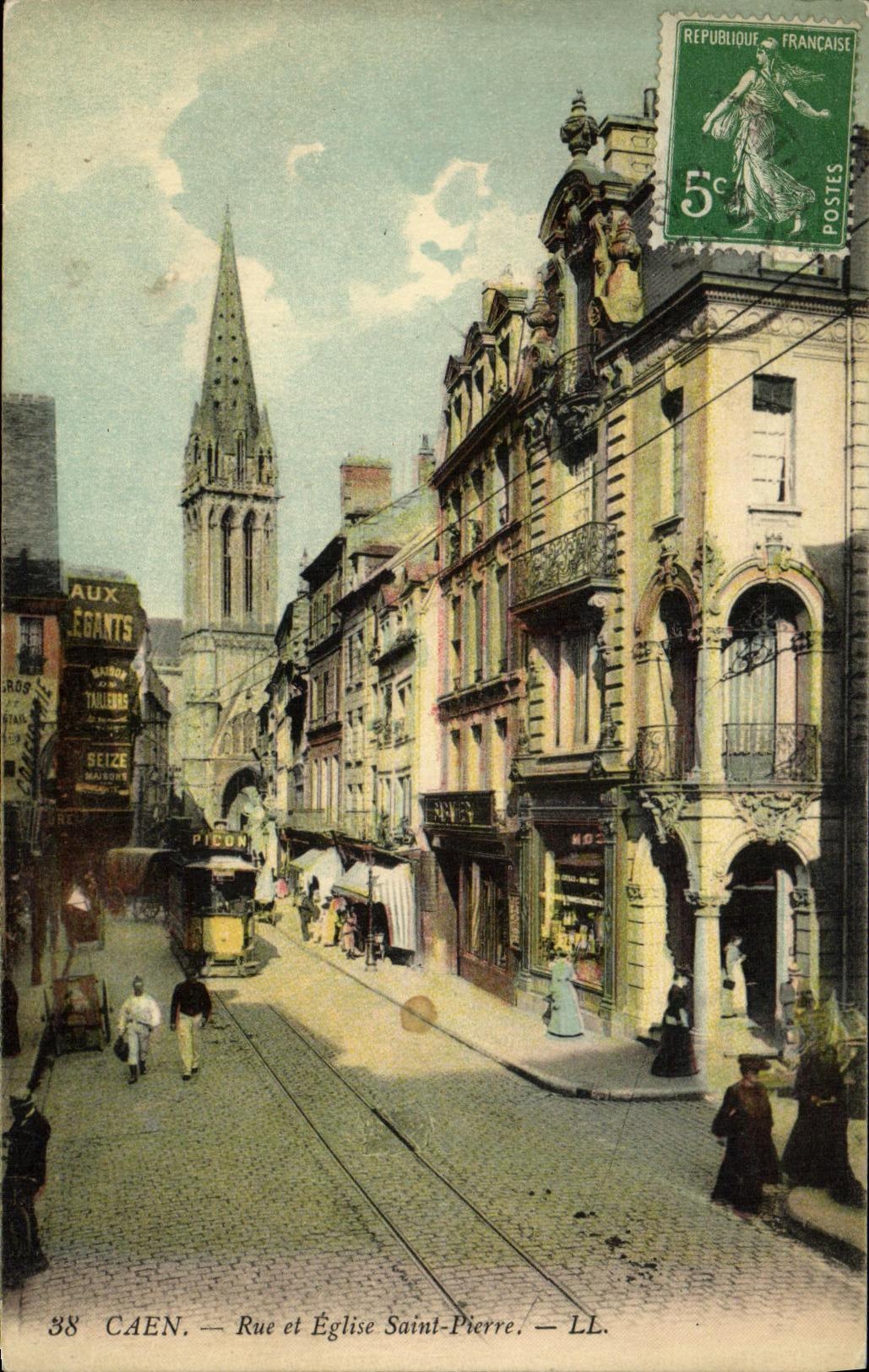 VINTAGE POSTCARD Caen Street and Church Saint Pierre Tram