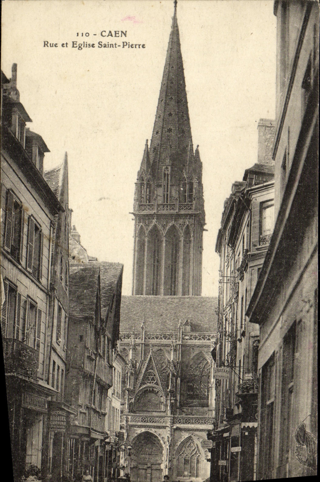 VINTAGE POSTCARD Caen Street and Church Saint Pierre