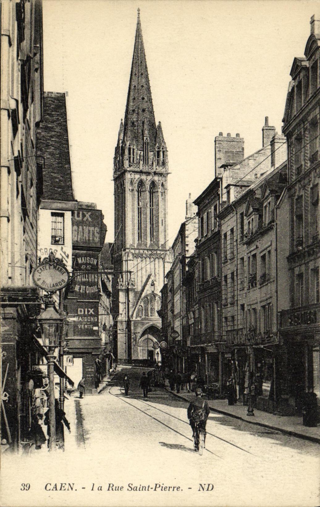 VINTAGE POSTCARD Caen the Street Saint Pierre Coffee Marie Billiards