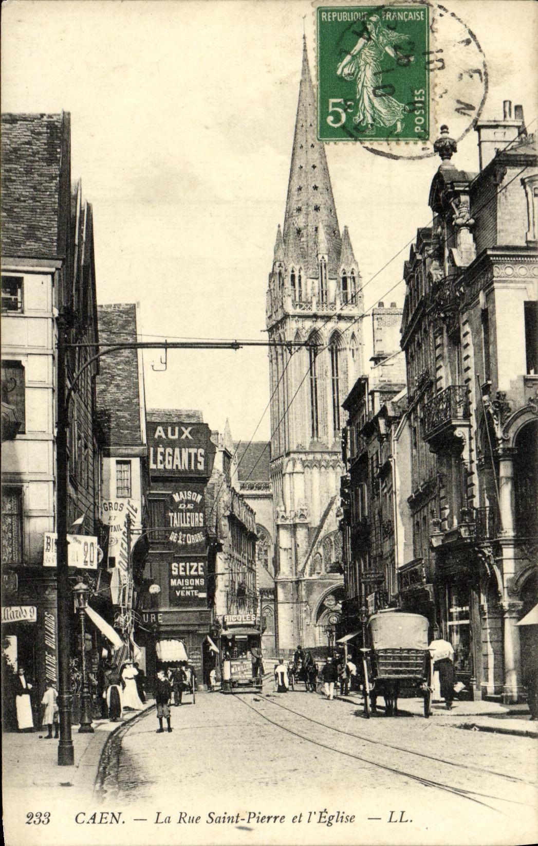 VINTAGE POSTCARD Caen the Street Saint Pierre and L Church