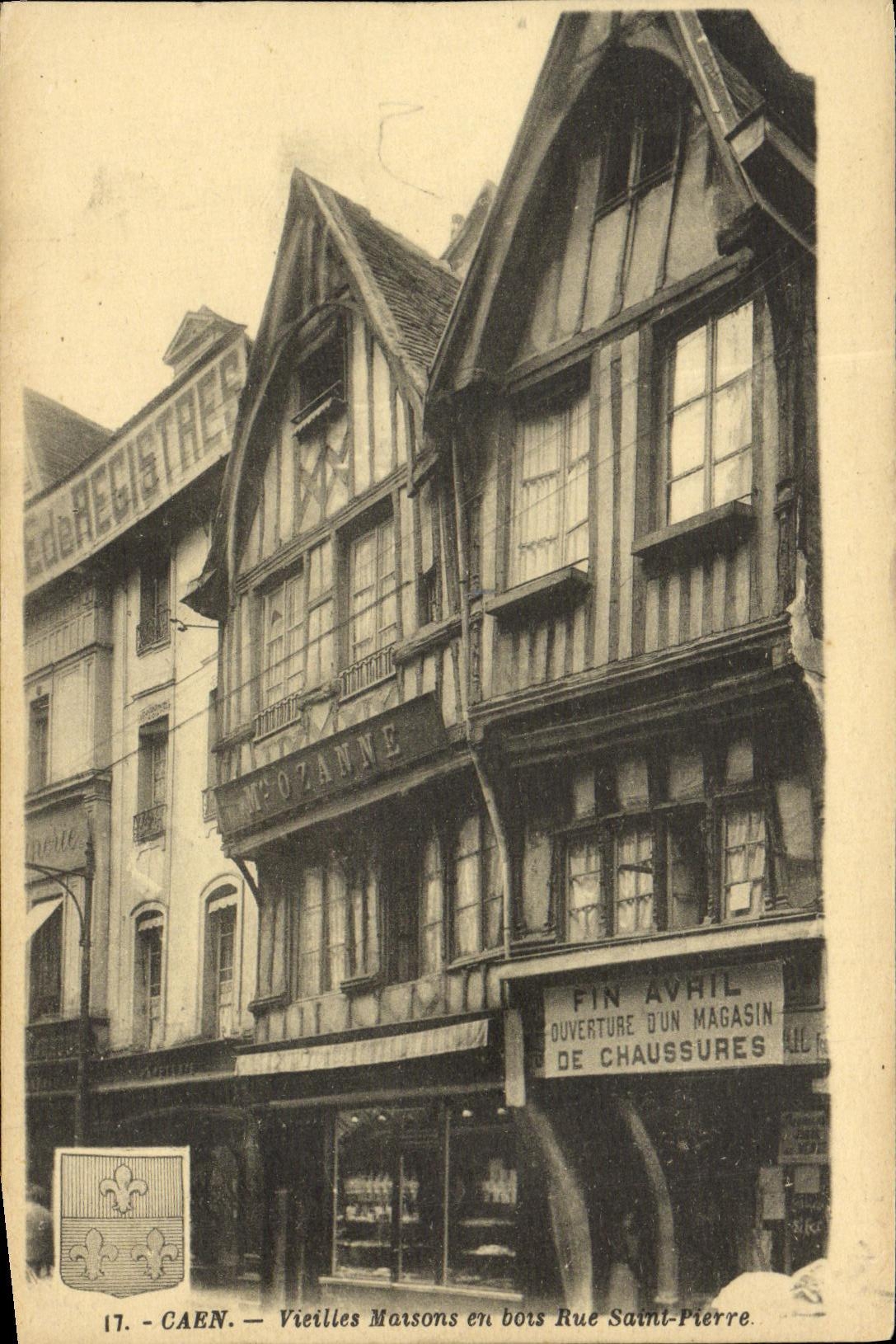 VINTAGE POSTCARD Caen Old women Houses of Wood Street Saint Pierre Opening stores Ozanne shoes