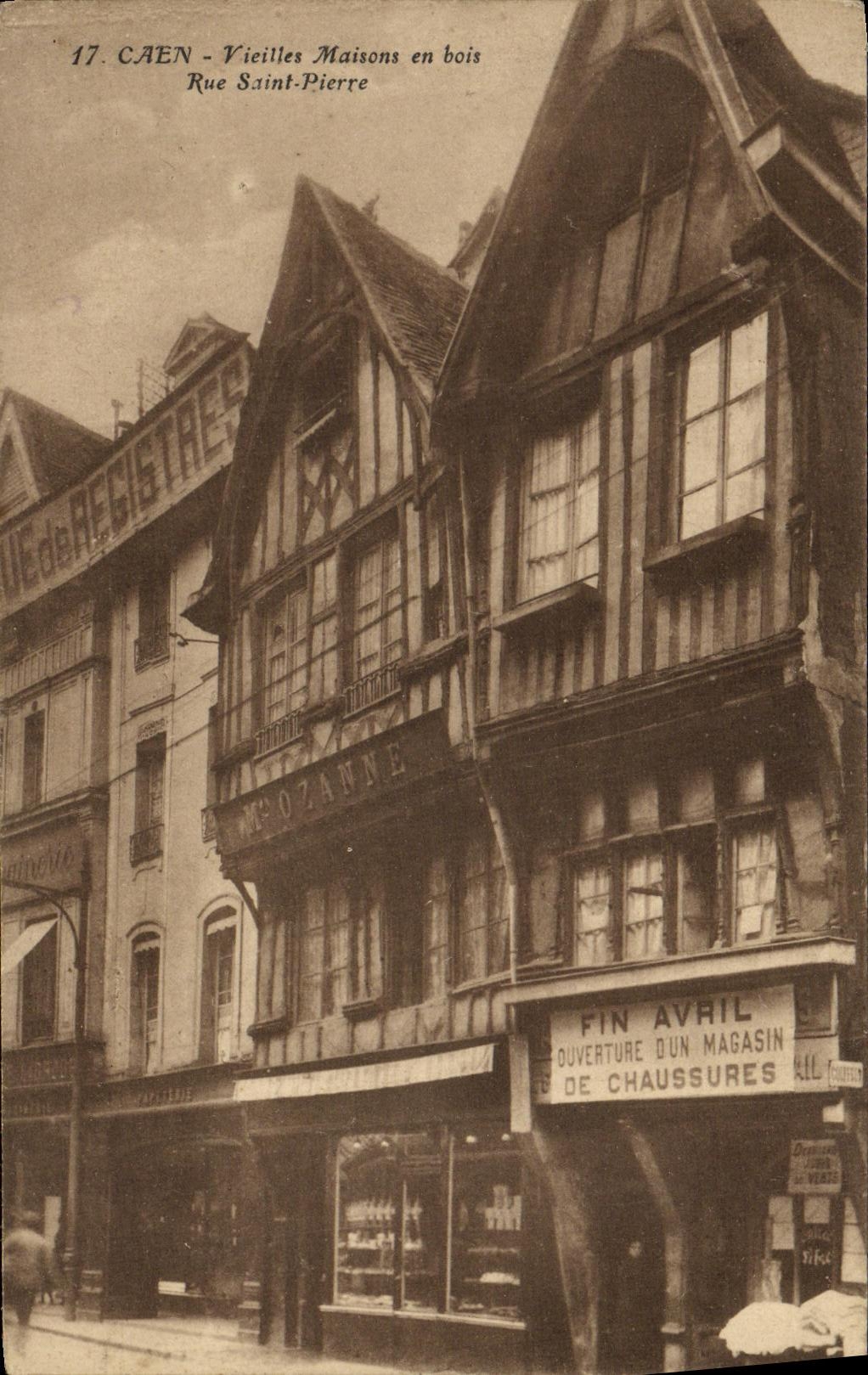VINTAGE POSTCARD Caen Old women Houses of Wood Street Saint Pierre Ozanne Opening stores of shoes