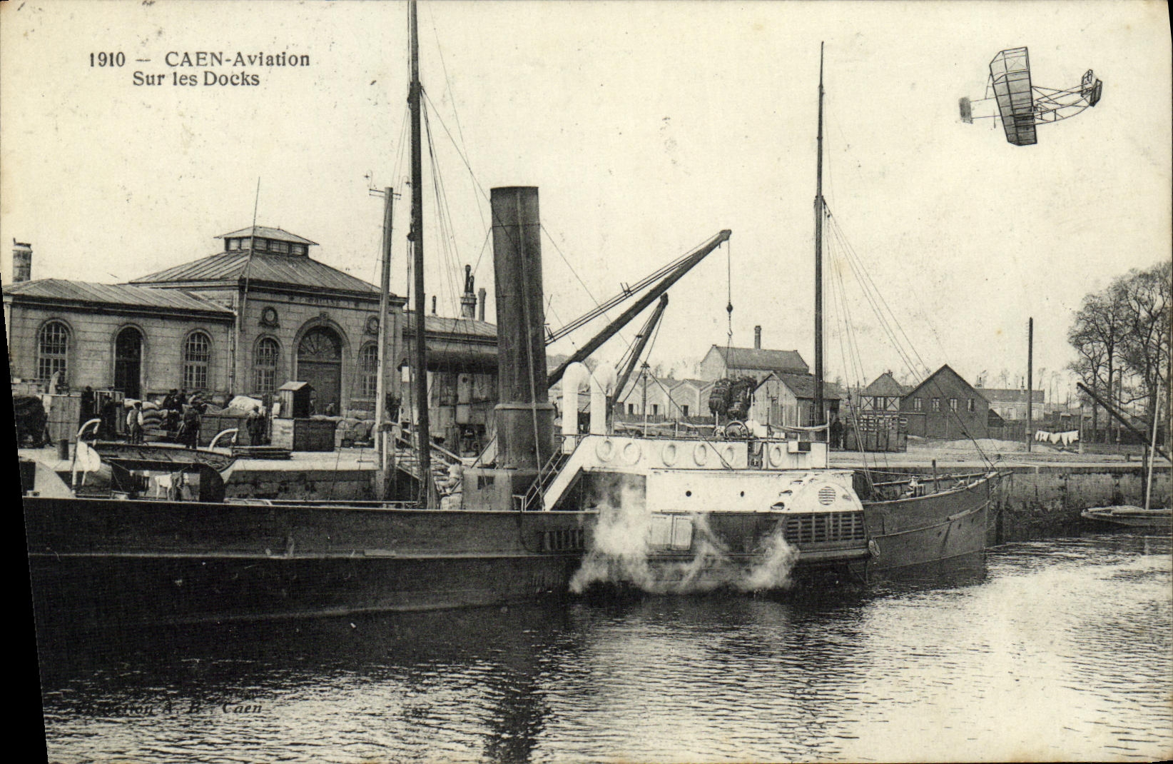VINTAGE POSTCARD Caen Aviation On the Docks Plane