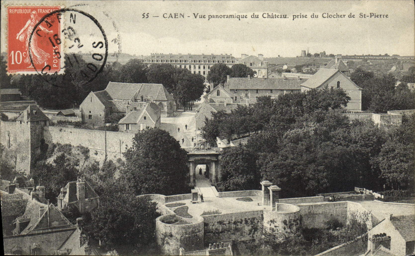 Opinion panoramica de Caen de la POSTAL de la VENDIMIA del castillo tomado de la Campana torre de St Pedro