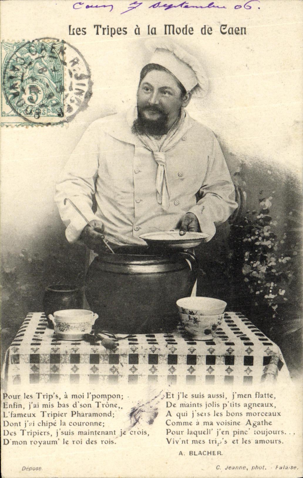 POSTAL de la VENDIMIA la tripa con el modo de folklore del cocinero de los cocineros de Caen