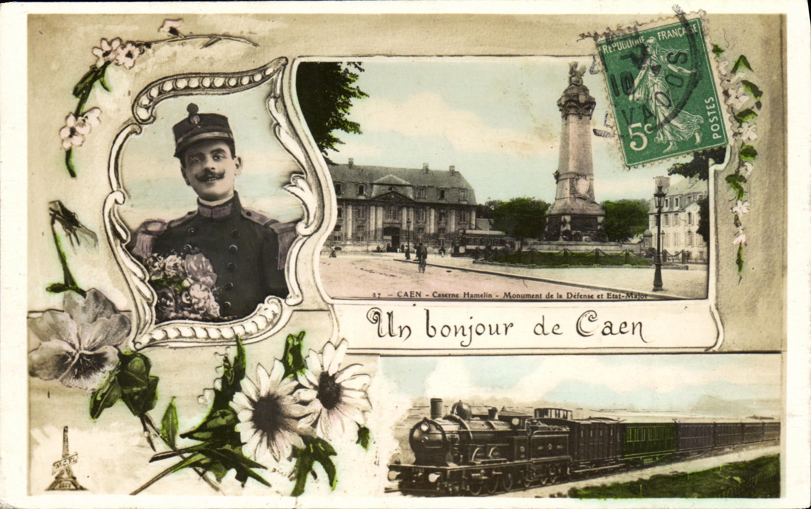 VINTAGE POSTCARD a Hello of Caen Train Militaria Soldier