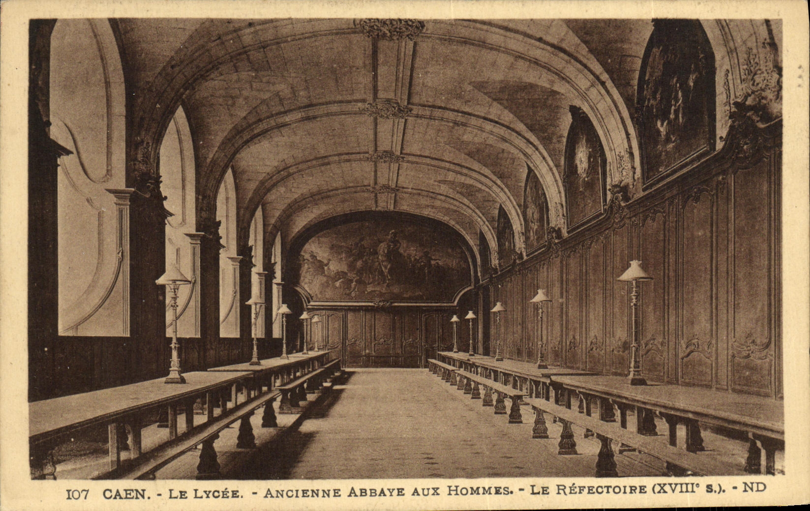 POSTAL Caen de la VENDIMIA la abadia vieja de la universidad con los hombres el refectorio