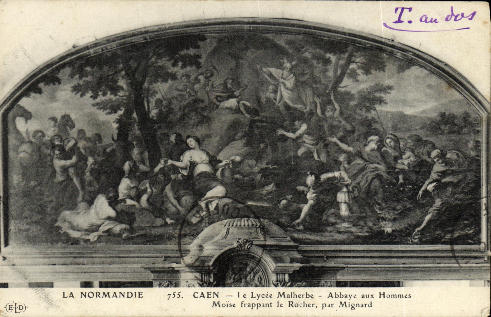 La POSTAL Caen de la VENDIMIA la universidad Malherbe Abbaye con los hombres apoya el pulso de la roca de Mignard