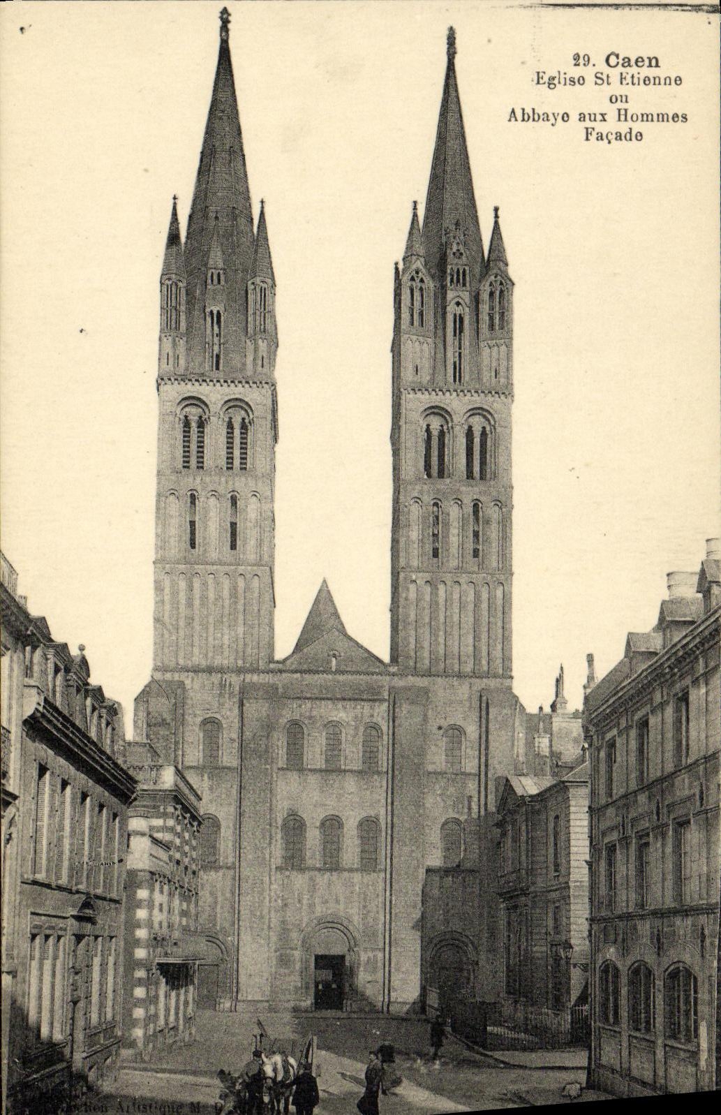 Iglesia St  Etienne de Caen de la POSTAL de la VENDIMIA o abadia con el ataque frontal de los hombres