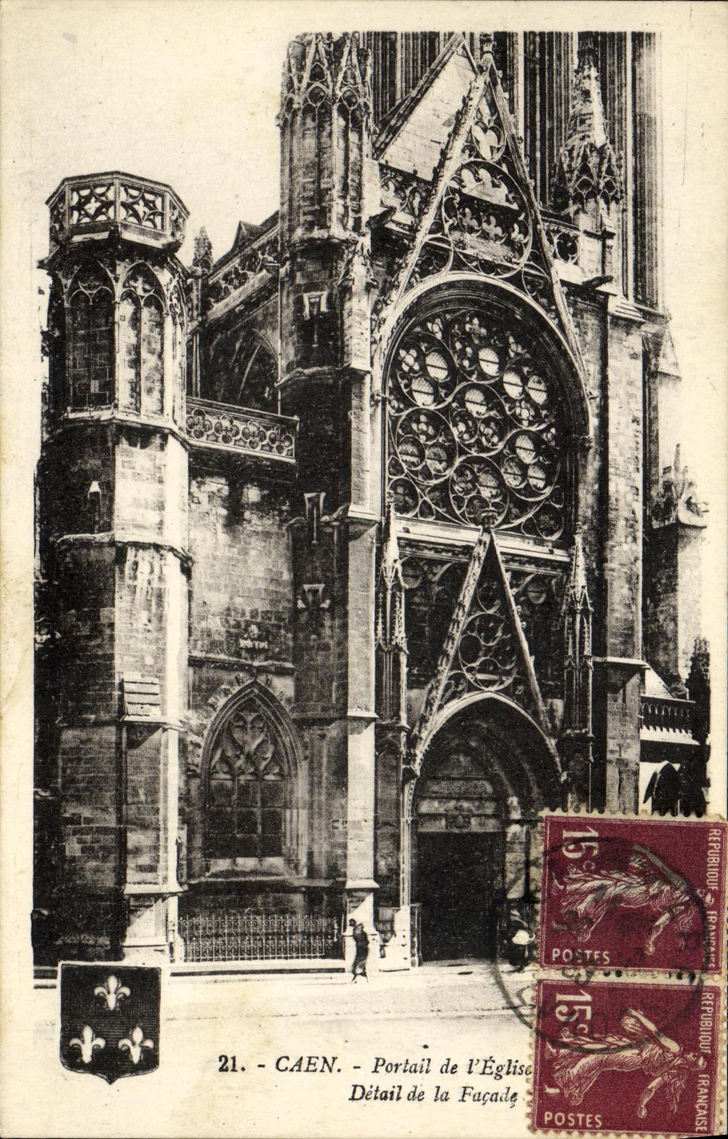 Puerta de Caen de la POSTAL de la VENDIMIA de L detalle de la iglesia del ataque frontal