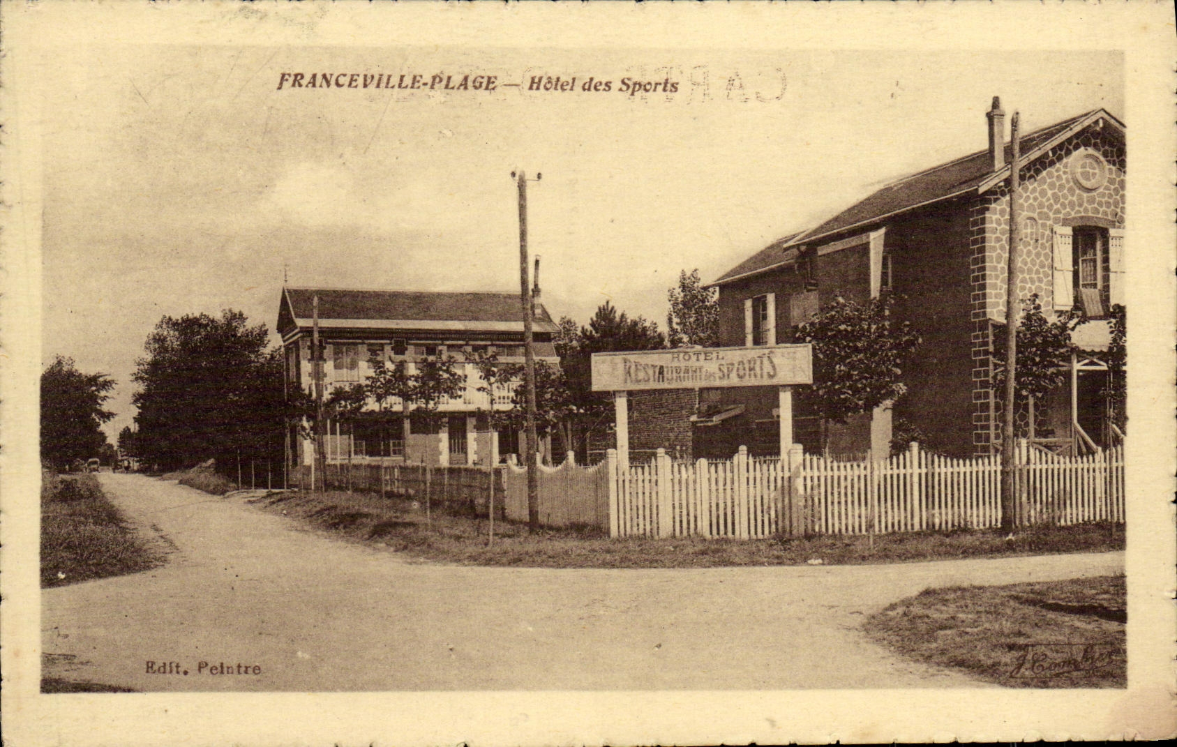 Restauracion del hotel de la playa de Franceville de la POSTAL de la VENDIMIA de los deportes