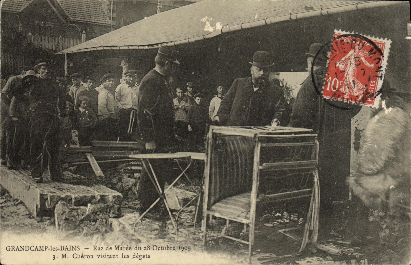 VINTAGE POSTCARD Grandcamp les Bains Tidal wave of October 28th  1909 Mr  Cheron visiting damage TOP