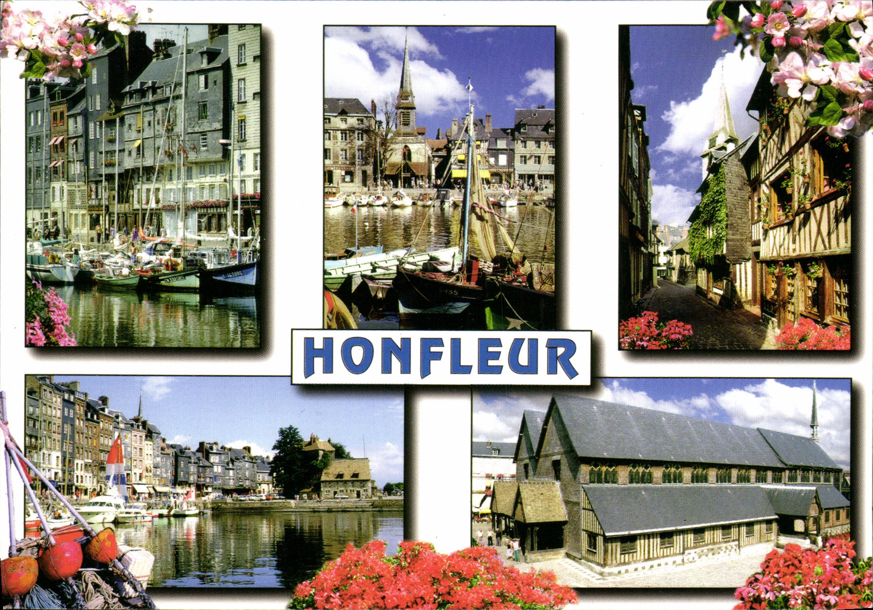 CPM Honfleur Le vieux bassin et les facades typiques du quai Sainte Catherine La plage et l eglise Sainte Catherine