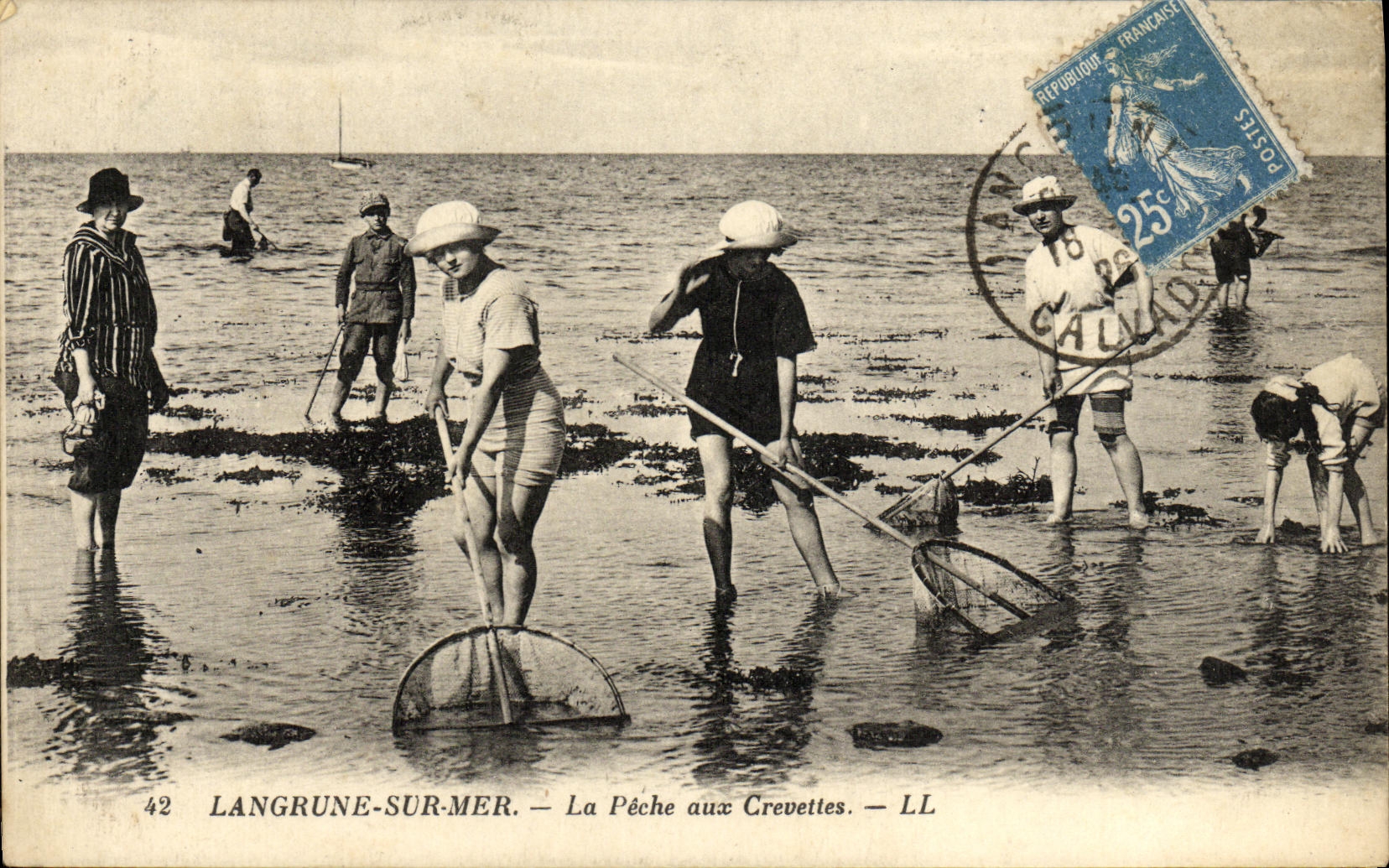 VINTAGE POSTCARD Langrune On Sea Fishing with the Shrimps Children