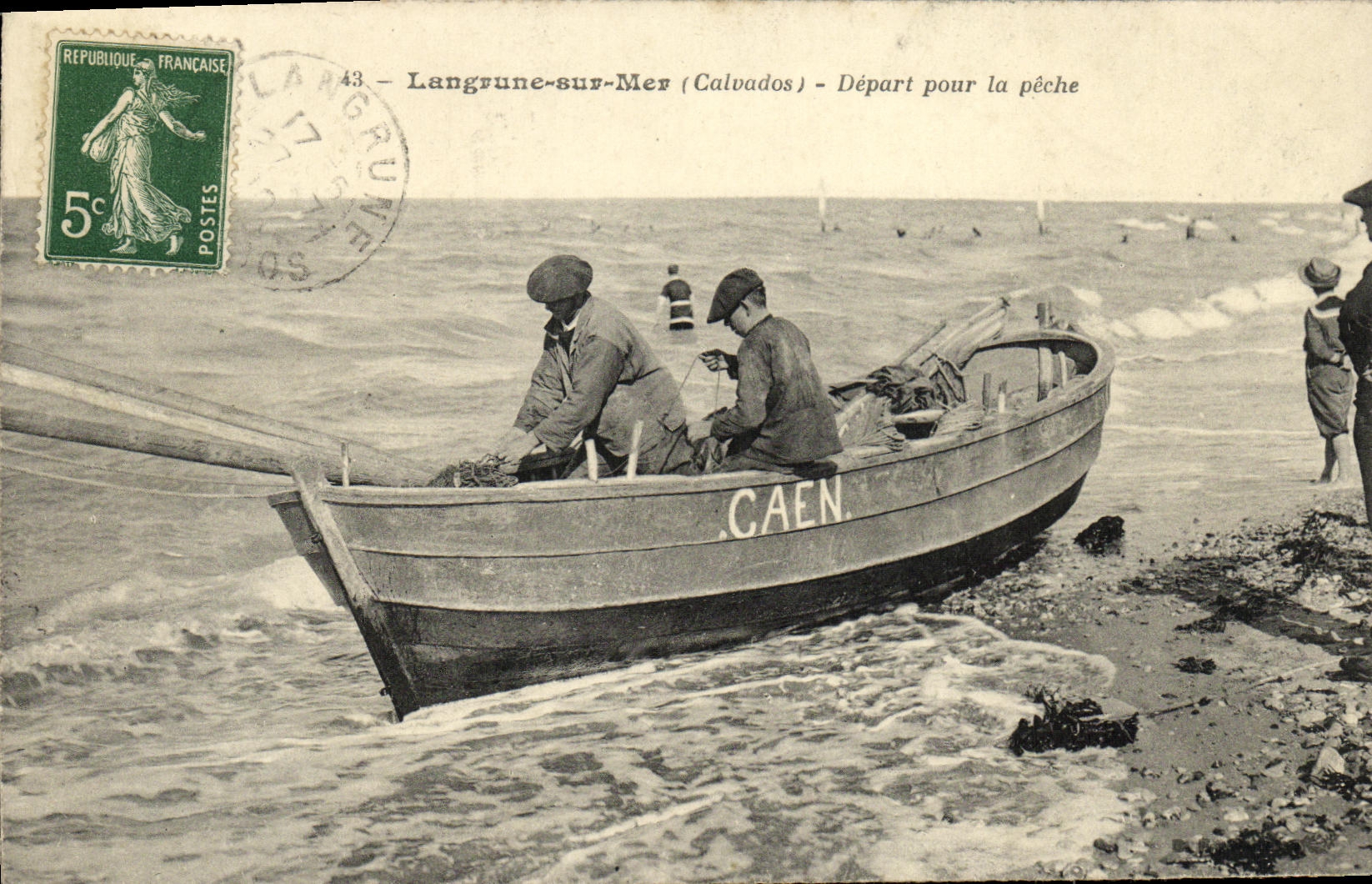 VINTAGE POSTCARD Langrune On Sea Departure For Fishing Caen Boat