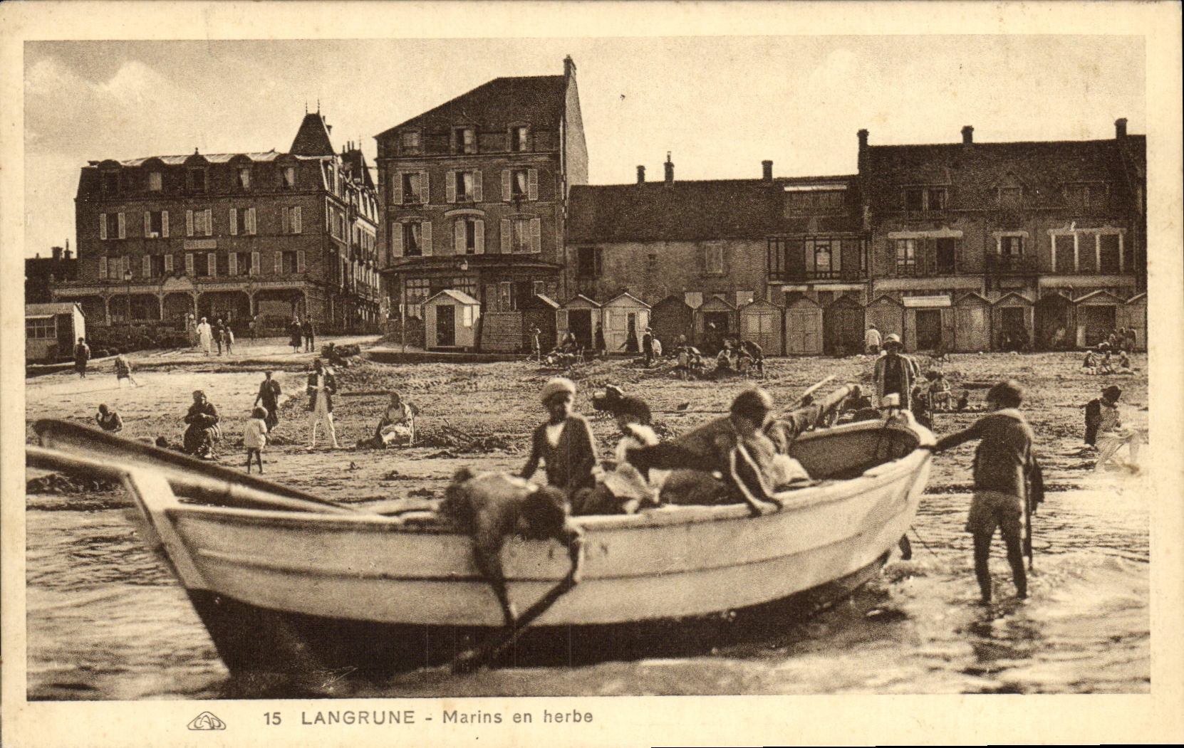 VINTAGE POSTCARD Langrune Marins Bleaches on grass Boat of it