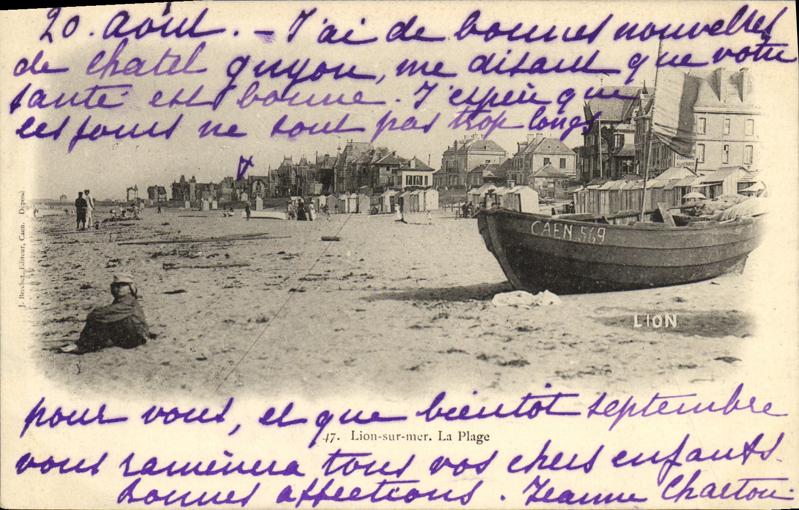 VINTAGE POSTCARD Lion sur Mer the Beach Boat