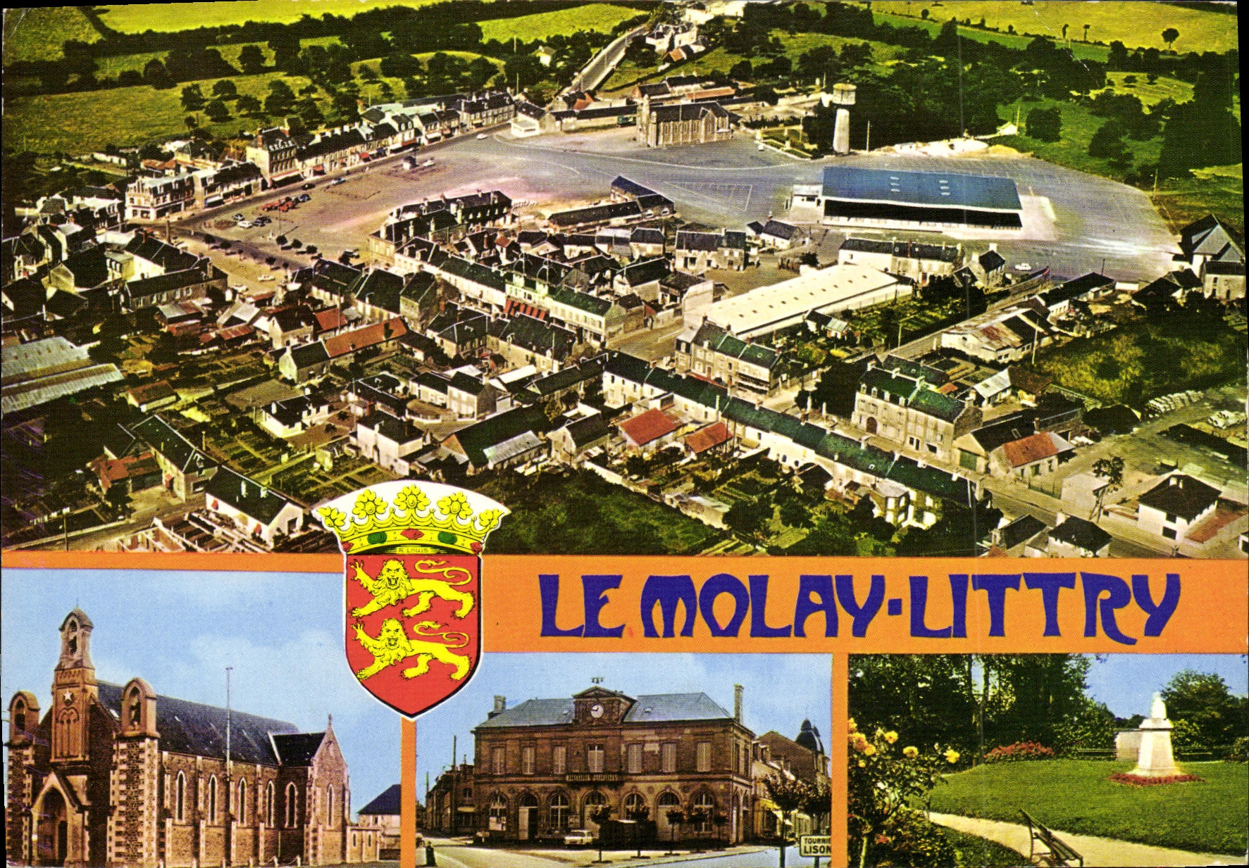 CPM Le Molay Littry Vue generale aerienne L Eglise L Hotel de ville Le Jardin Public