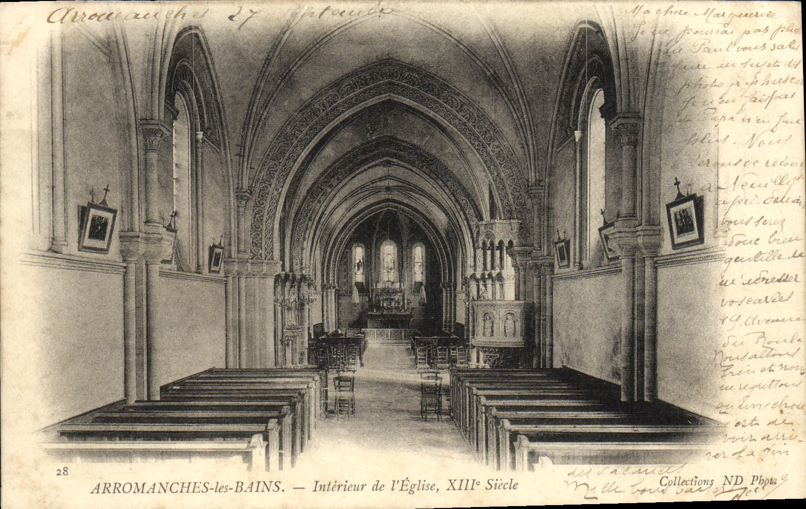 Interior de Arromanches de la POSTAL de la VENDIMIA les Bains de L siglo de la iglesia XIII E