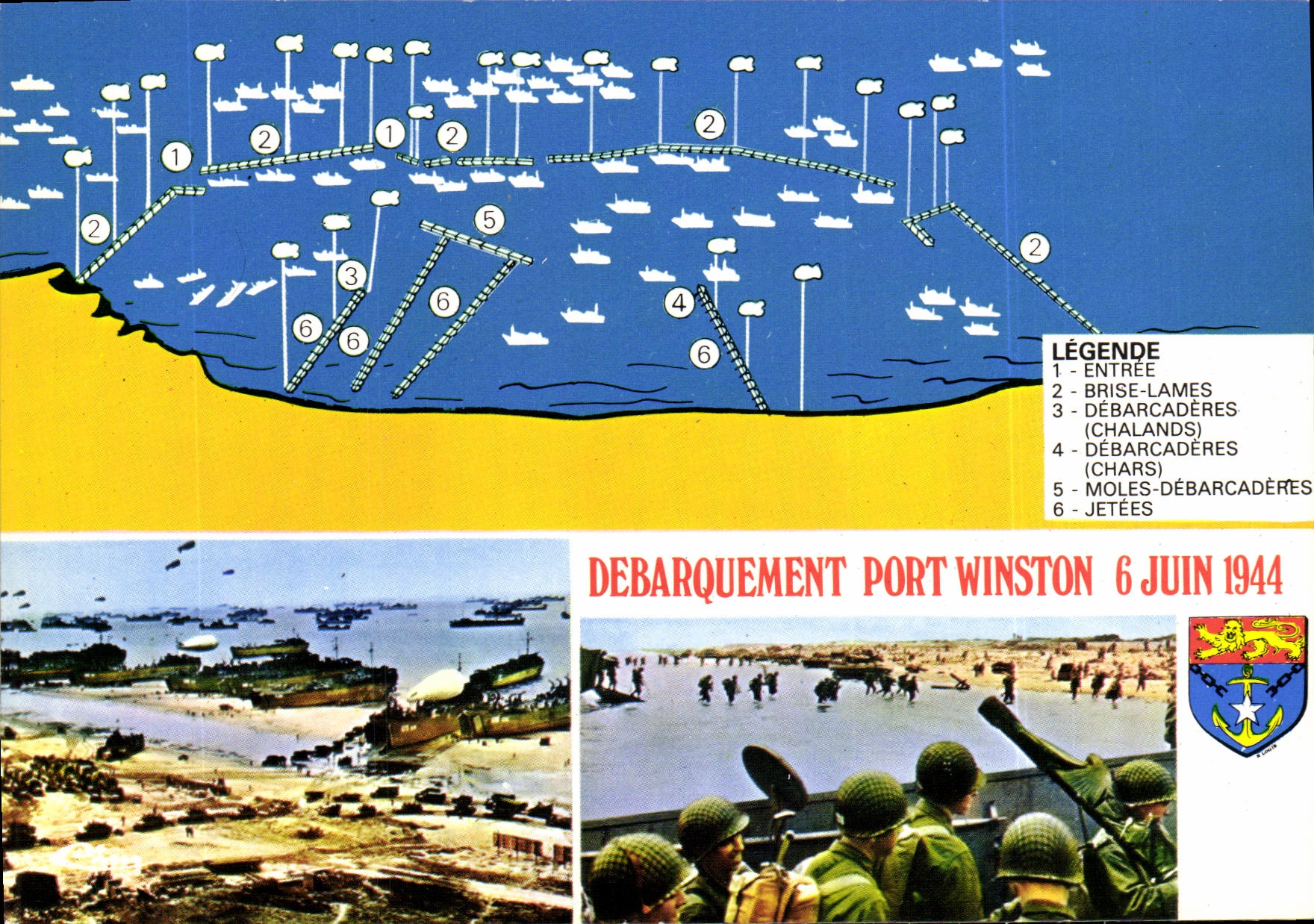 POSTAL MODERNA Arromanches que descarga Winston Militaria el 6 de junio de 1944 portuario