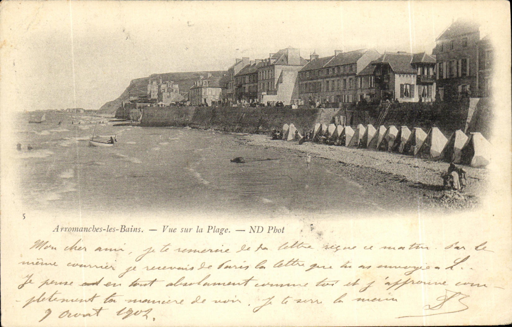 POSTAL Arromanches de la VENDIMIA les Bains visto en la playa