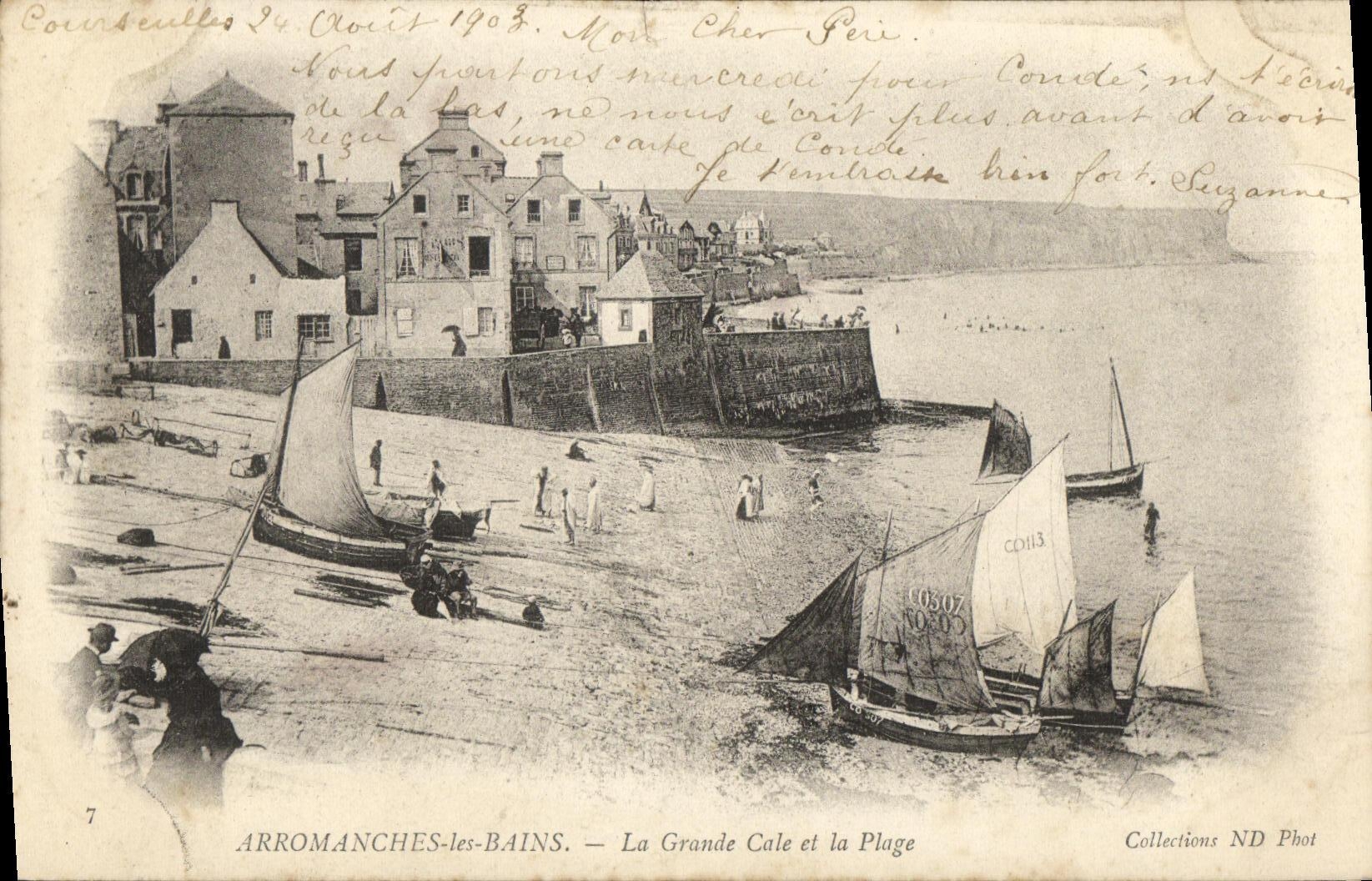 POSTAL Arromanches de la VENDIMIA les Bains el asimiento grande y el barco de la playa