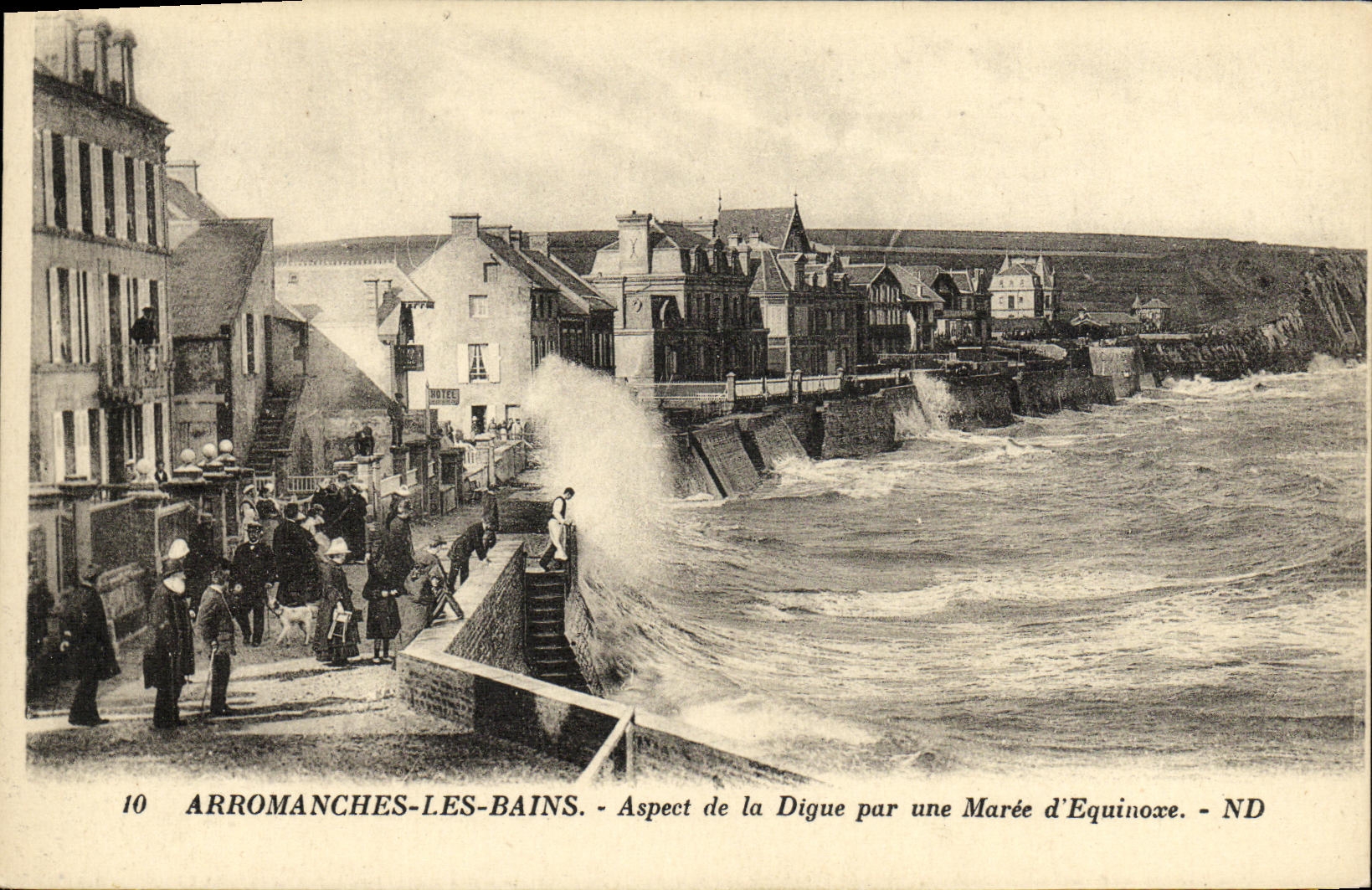 Aspecto de Arromanches de la POSTAL de la VENDIMIA les Bains de la presa por un equinoccio de la marea D