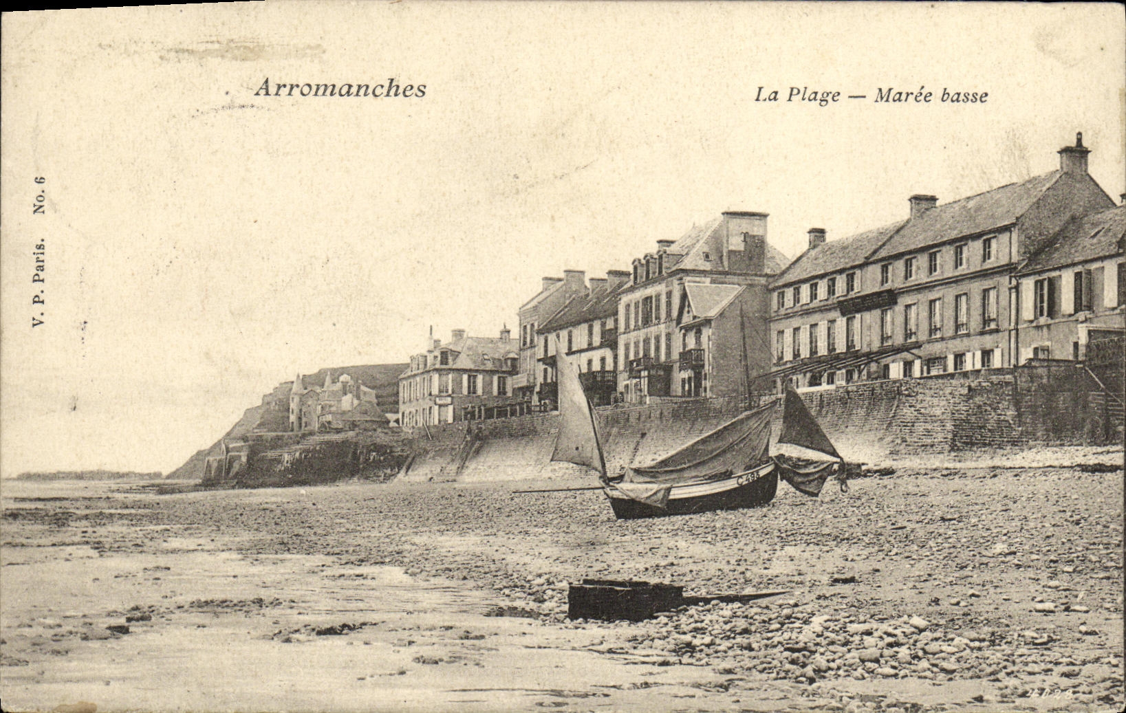 POSTAL Arromanches de la VENDIMIA la marea baja de la playa