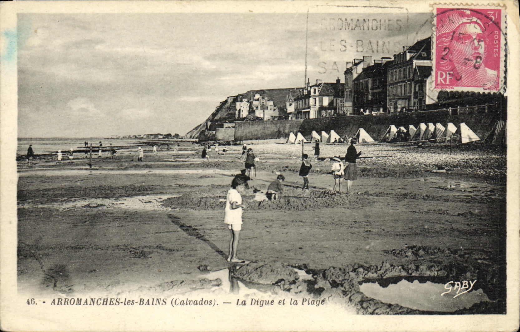 POSTAL Arromanches de la VENDIMIA les Bains la presa y los ninos de la playa