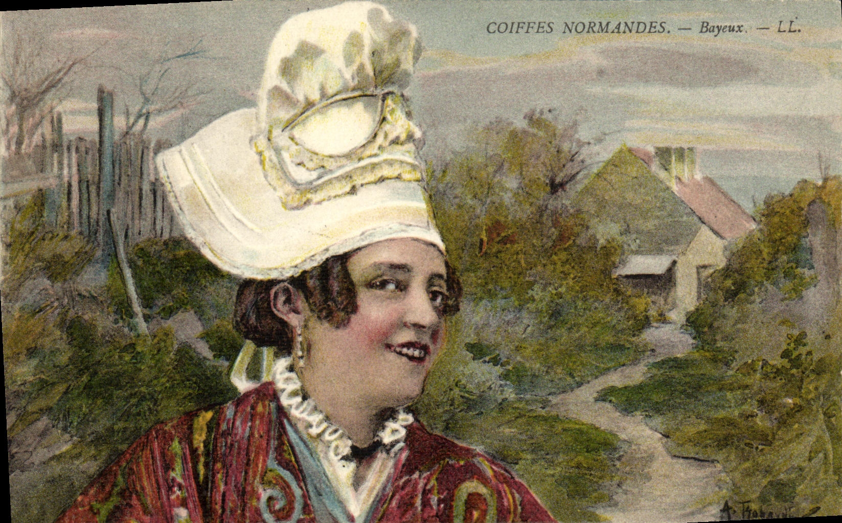 Casquillos del traje del folklore del peinado de Bayeux Normands de la POSTAL de la VENDIMIA