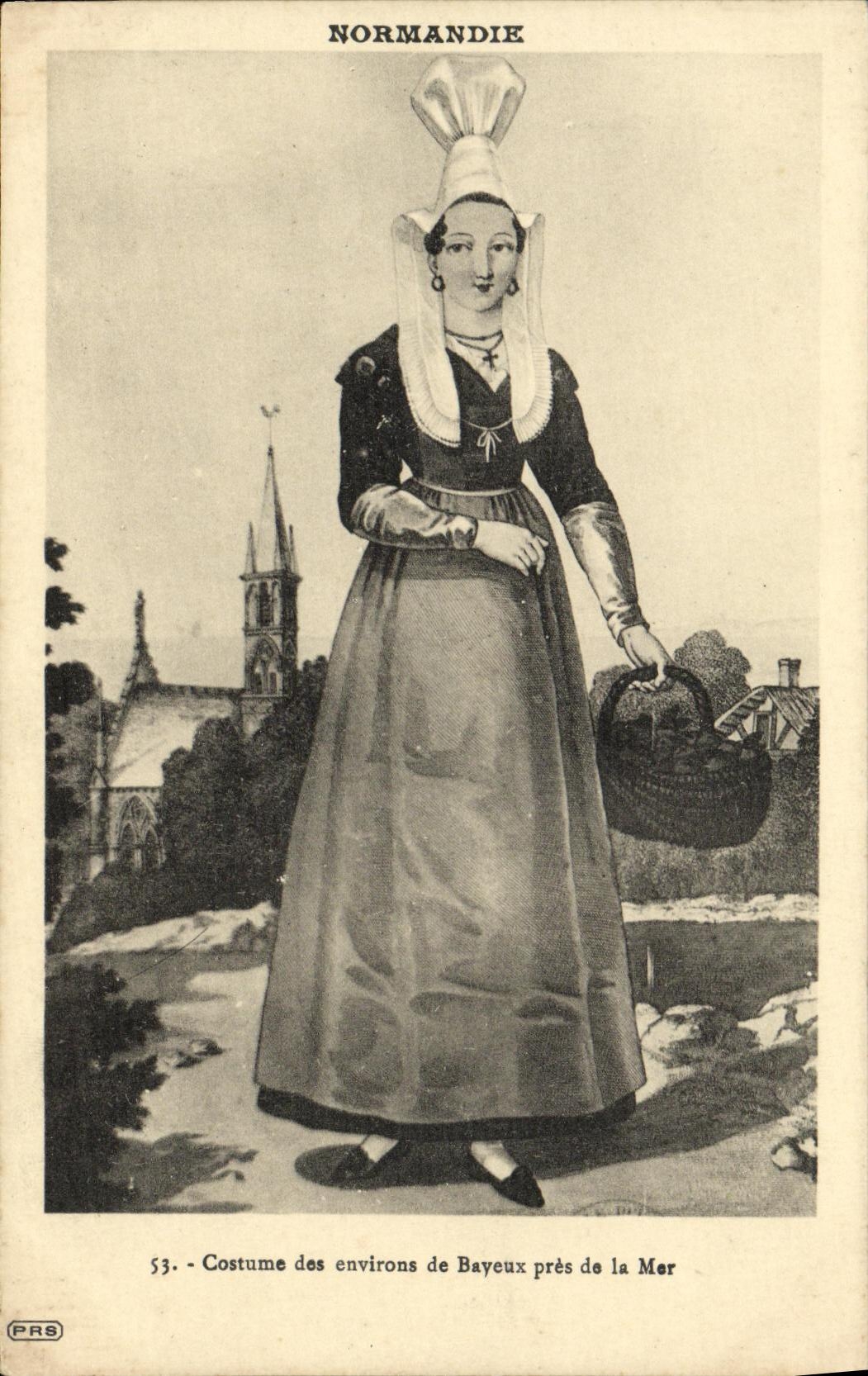 Traje de Bayeux de la POSTAL de la VENDIMIA de los alrededores de Bayeux cerca de los casquillos del traje del folklore del mar