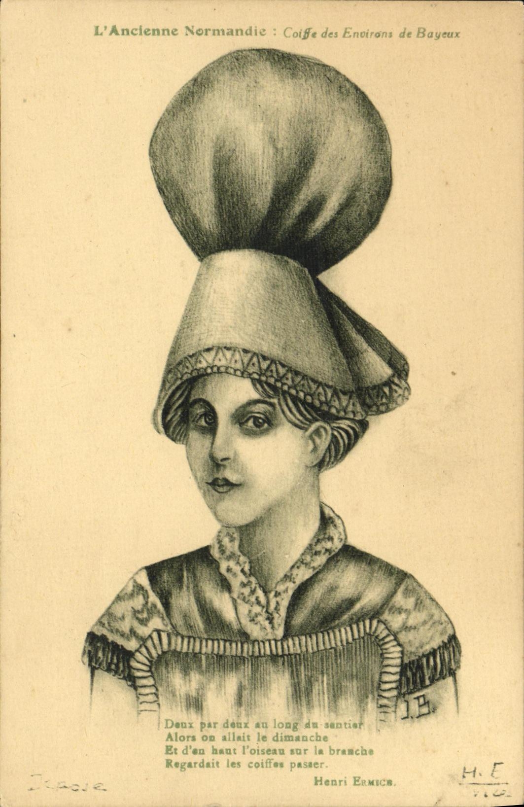 Casquillos del traje del folklore de Bayeux Ancienne Normandia de la POSTAL de la VENDIMIA