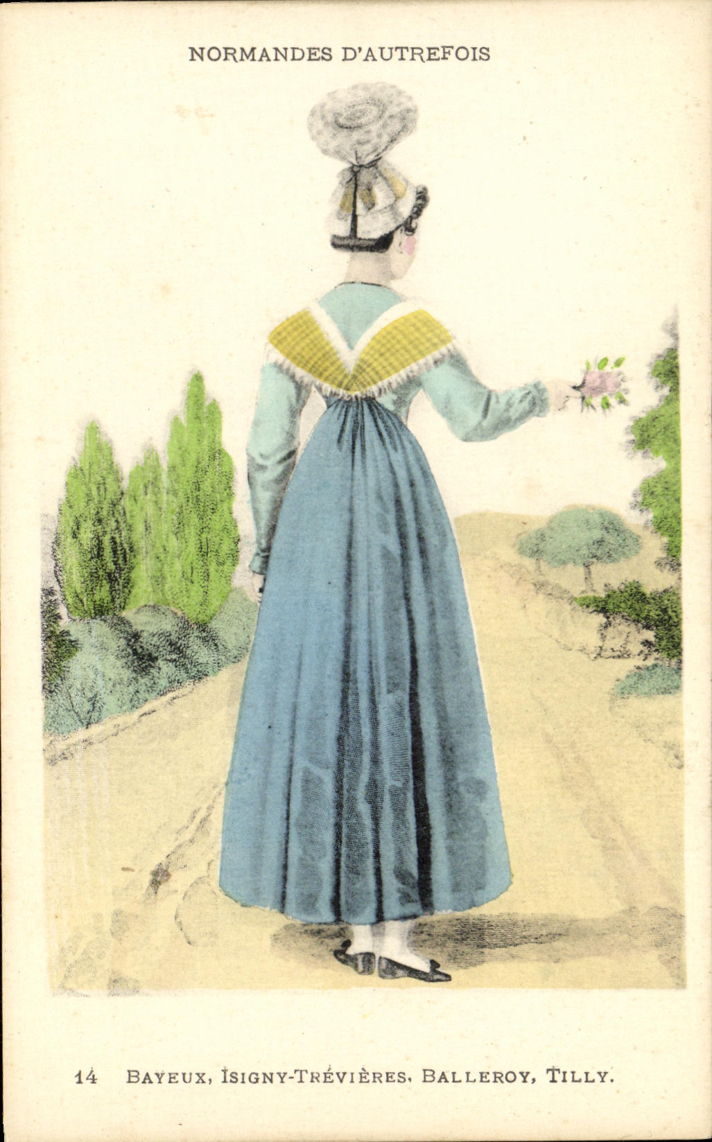 El traje del folklore de Bayeux Normades D de la POSTAL de la VENDIMIA capsula antes Isigny Trevieres Balleroy Tilly