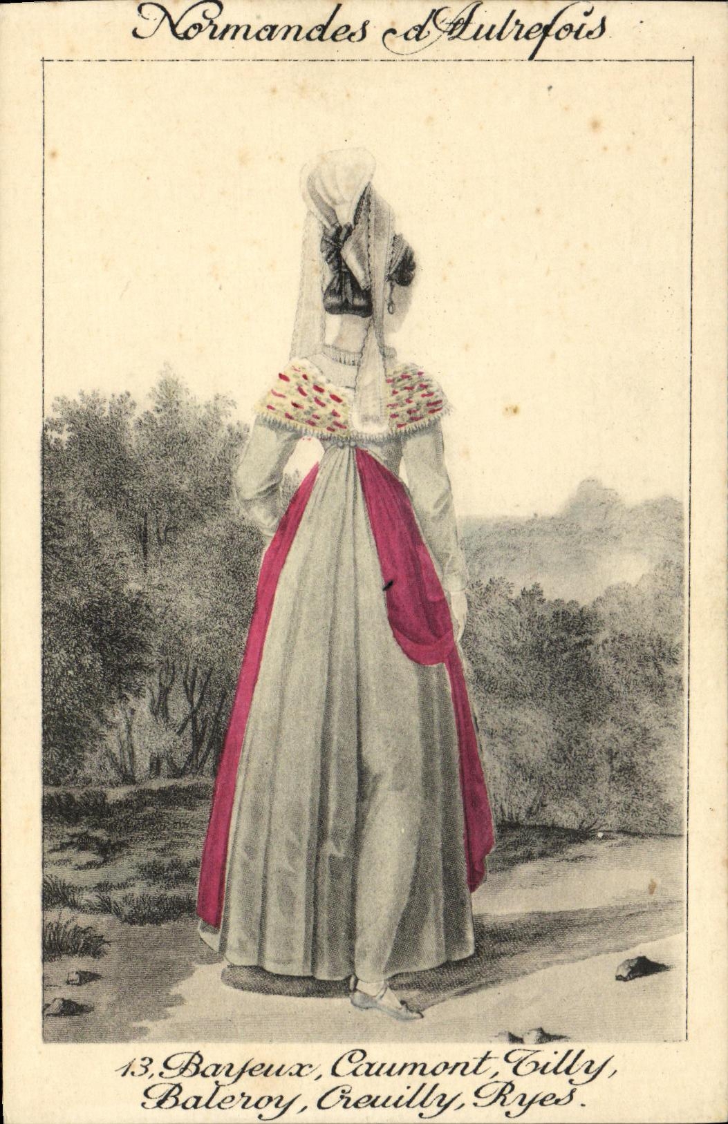Casquillos del traje del folklore de los centenos de Bayeux Caumont Tilly Baleroy Creuilly de la POSTAL de la VENDIMIA